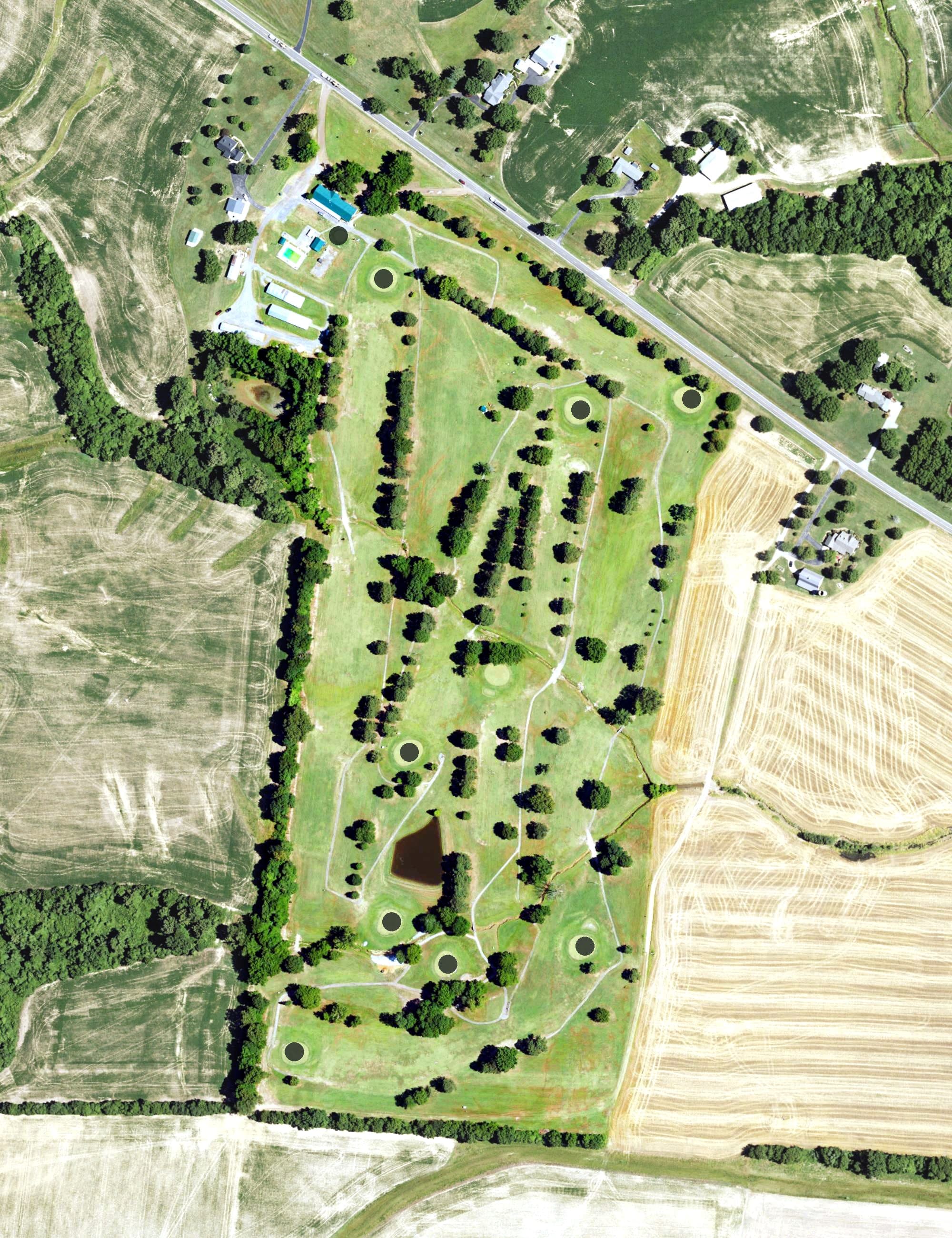 Aerial view of Hickman Country Club, KY, with its hole routing marked