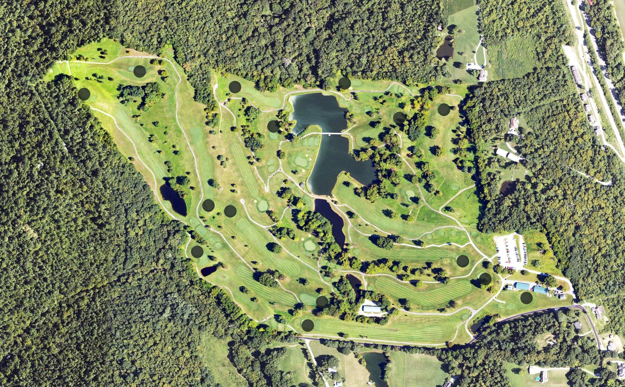 Aerial view of Hickory Sticks Golf Club, KY, with its hole routing marked