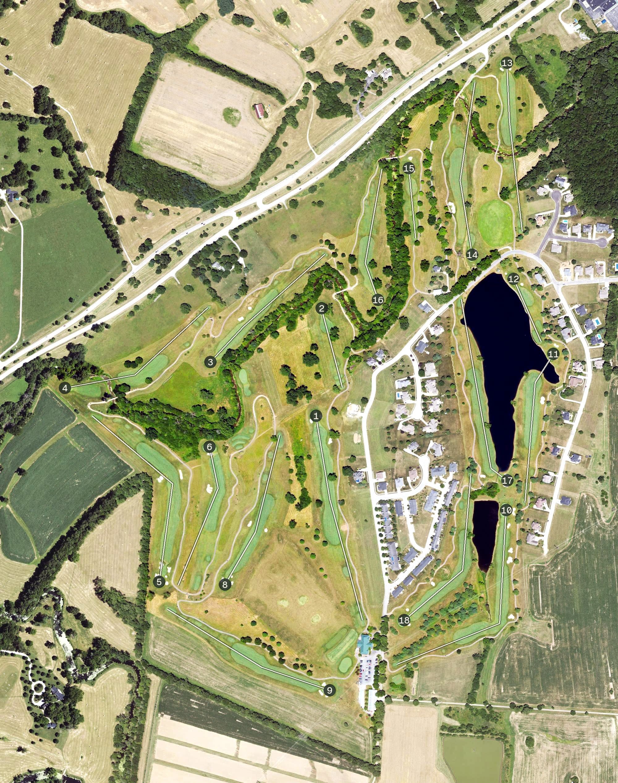 Aerial view of Houston Oaks Golf Course, KY, with its hole routing marked