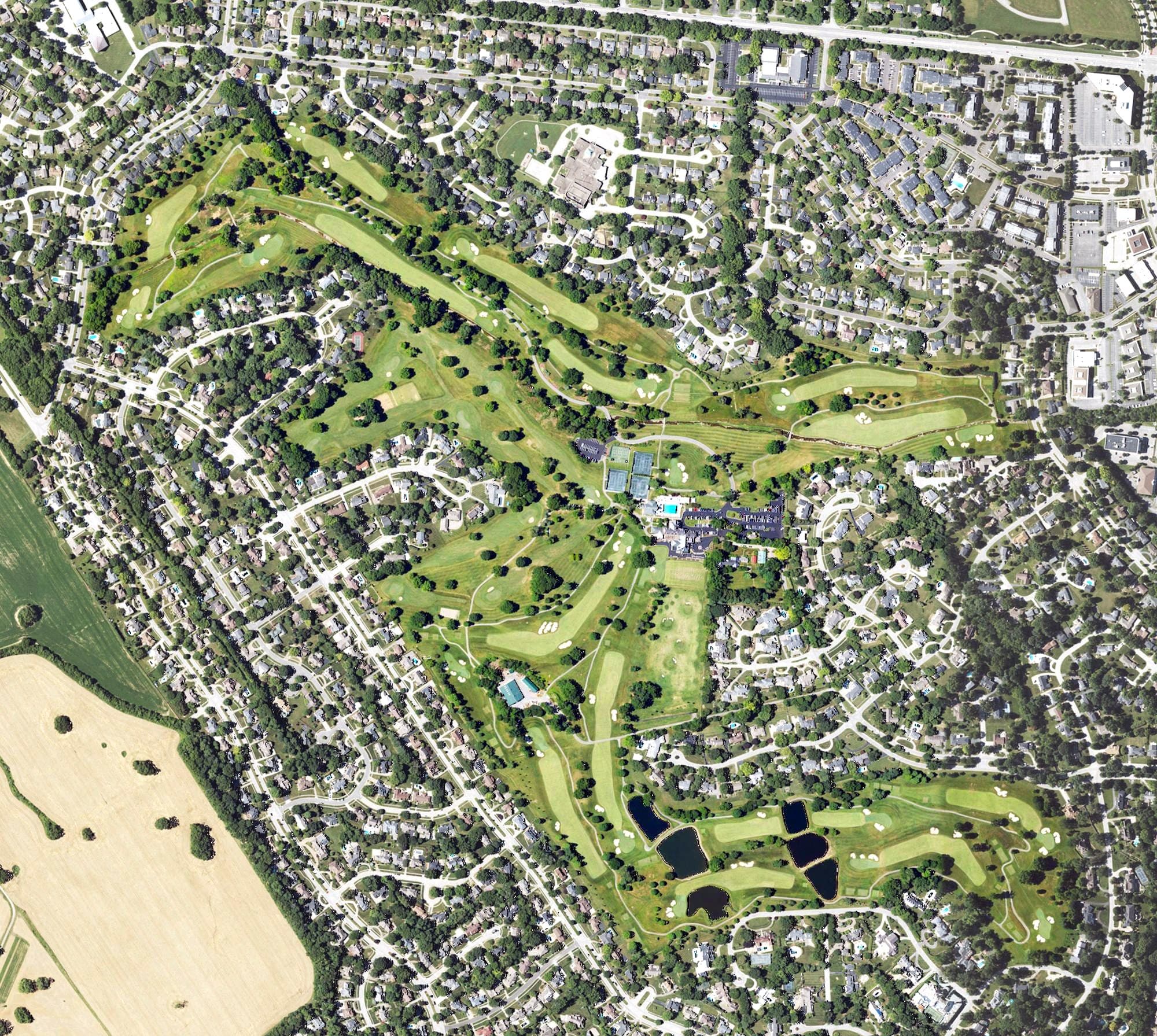 Aerial view of Hurstbourne Country Club, KY, with its hole routing marked