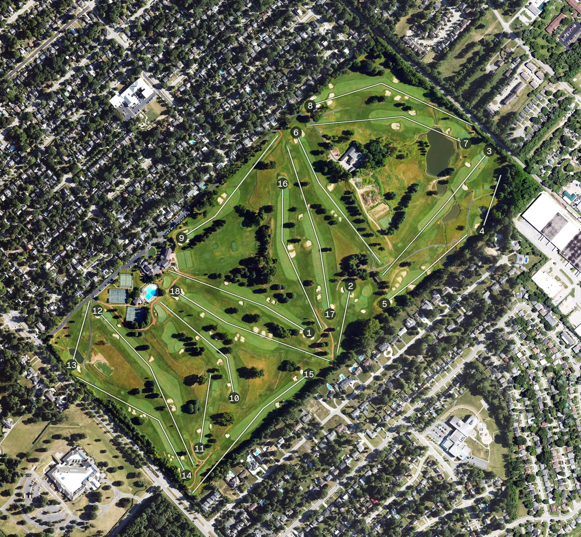 Aerial view of Idle Hour Country Club, KY, with its hole routing marked
