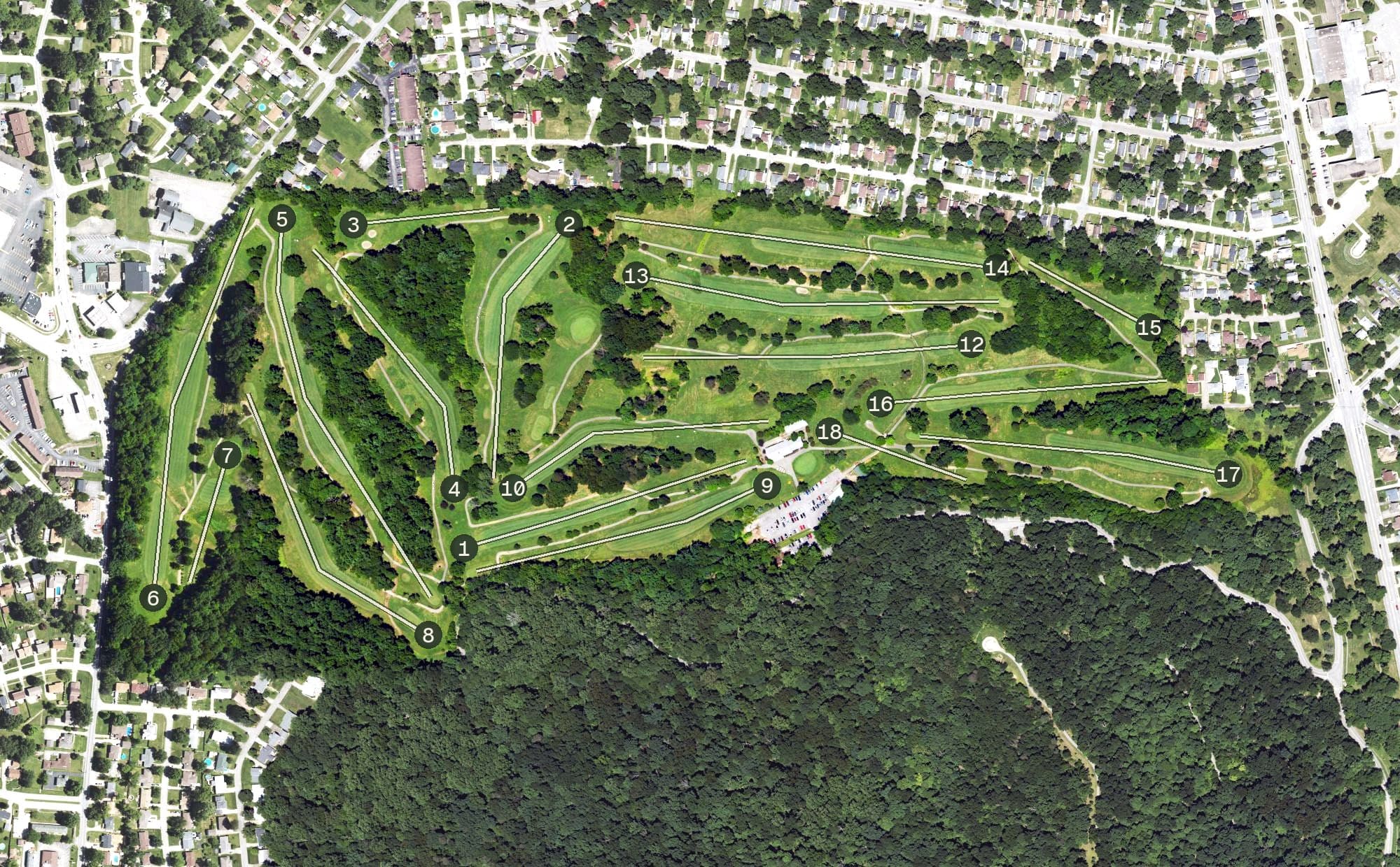 Aerial view of Iroquois Golf Course, KY, with its hole routing marked