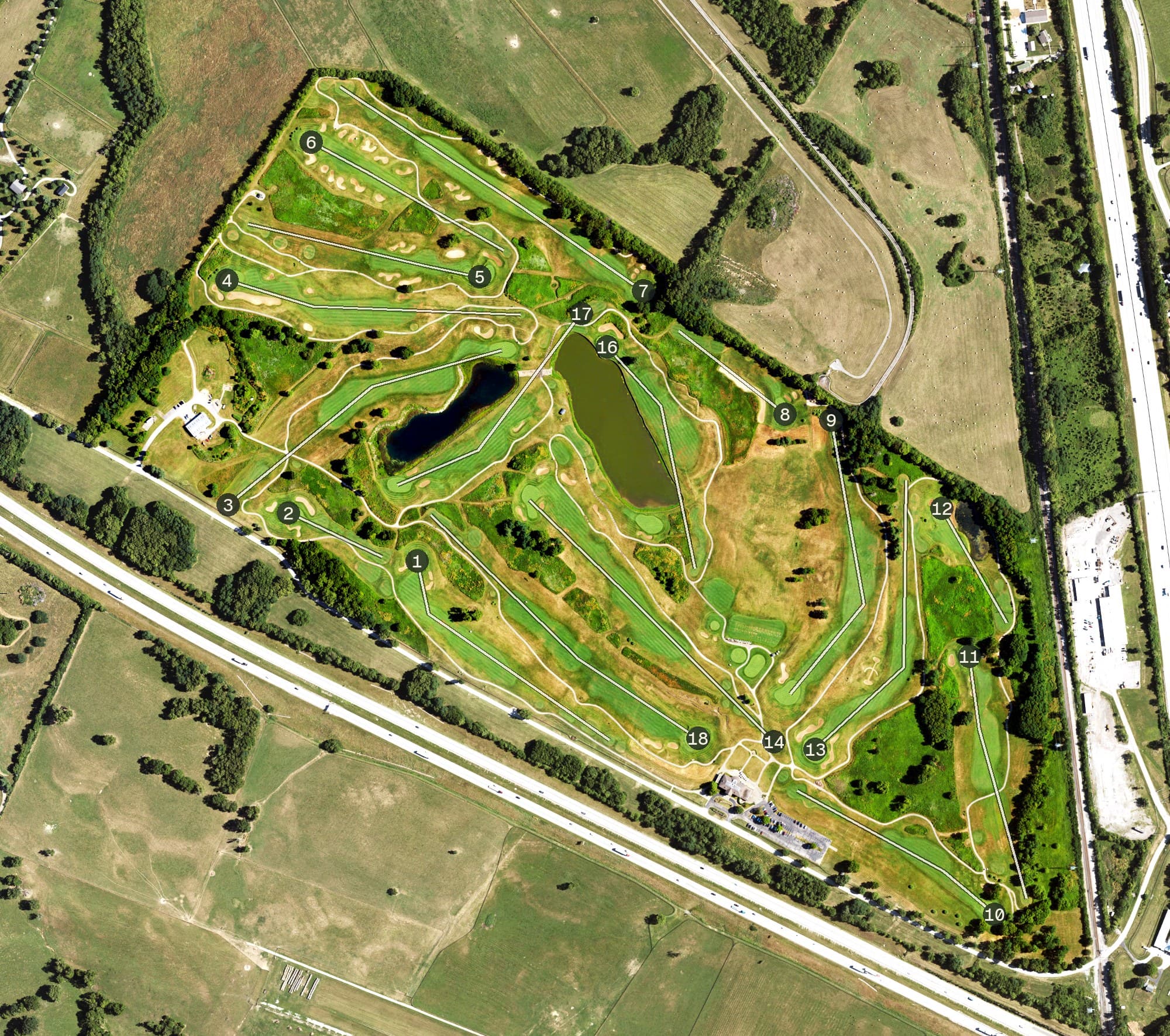 Aerial view of Kearney Hill Golf Links, KY, with its hole routing marked
