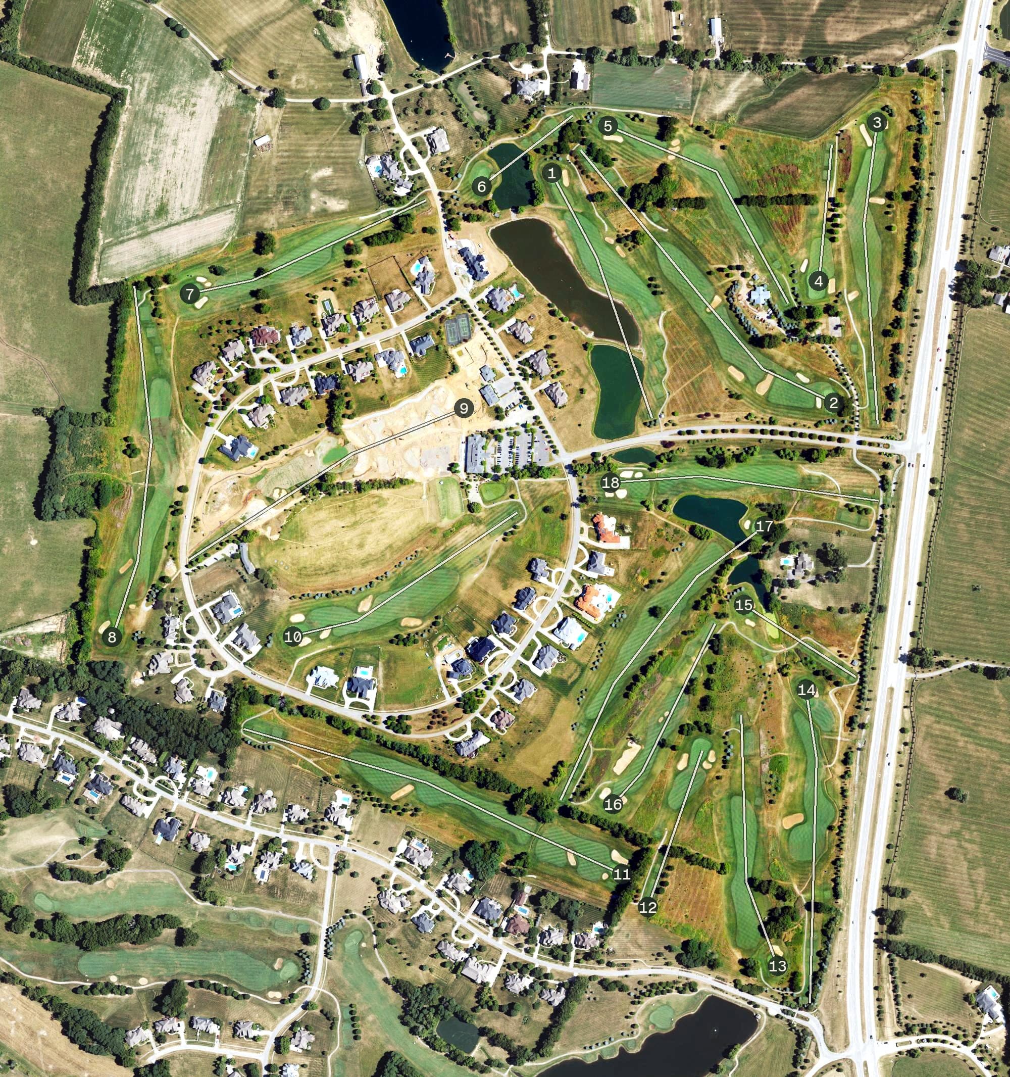Aerial view of Keene Run Golf Course, KY, with its hole routing marked
