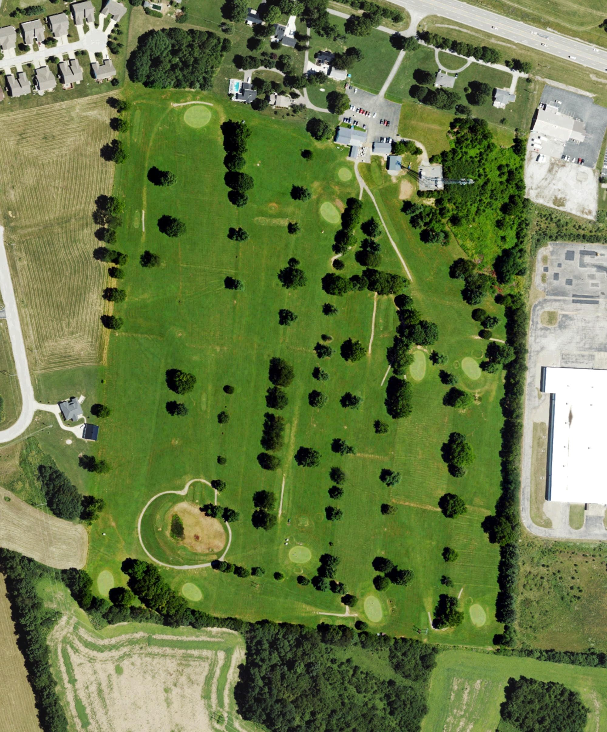 Aerial view of Kenton Station Golf Course, KY, with its hole routing marked