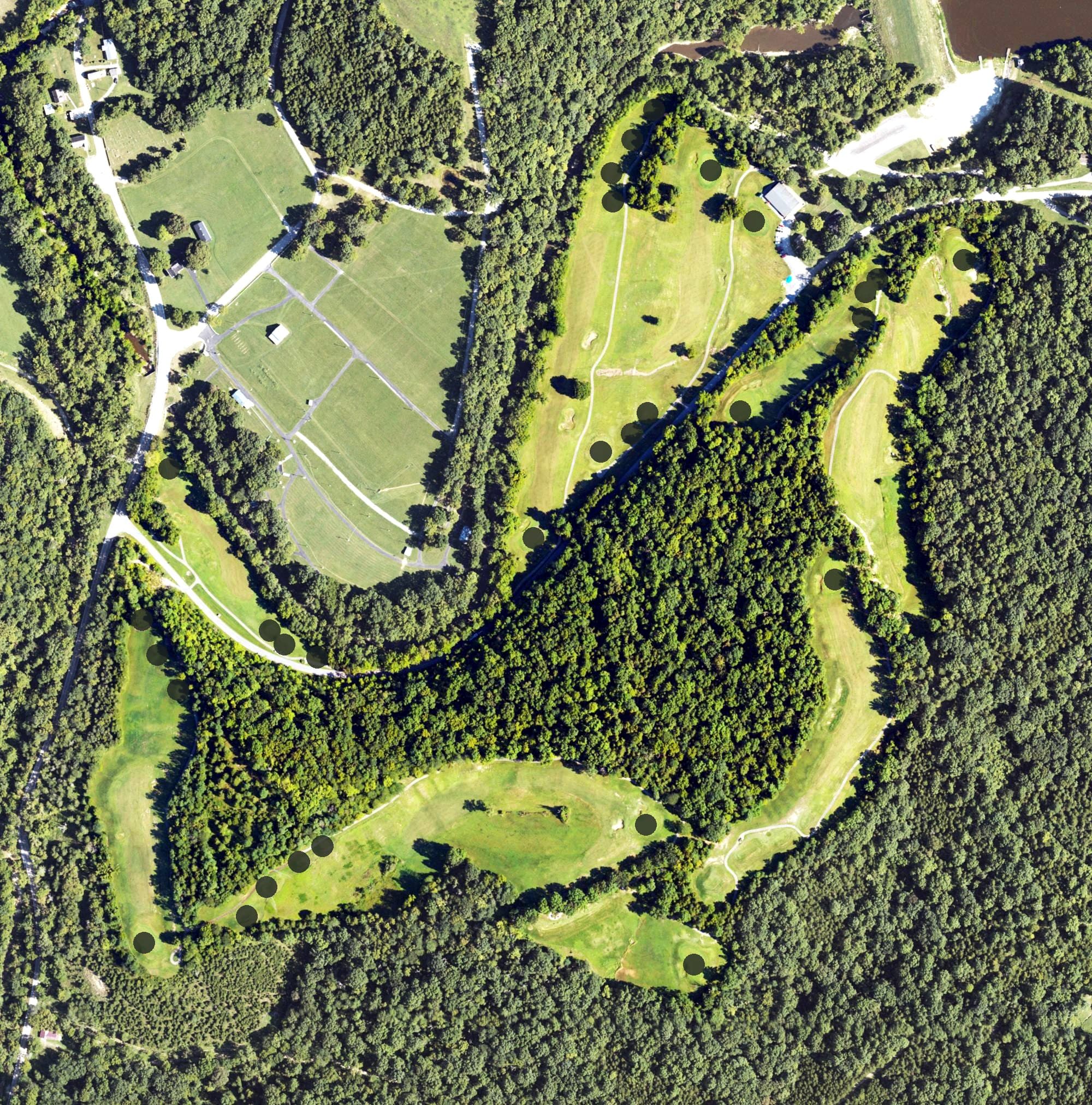 Aerial view of Kincaid Lake Golf Course, KY, with its hole routing marked