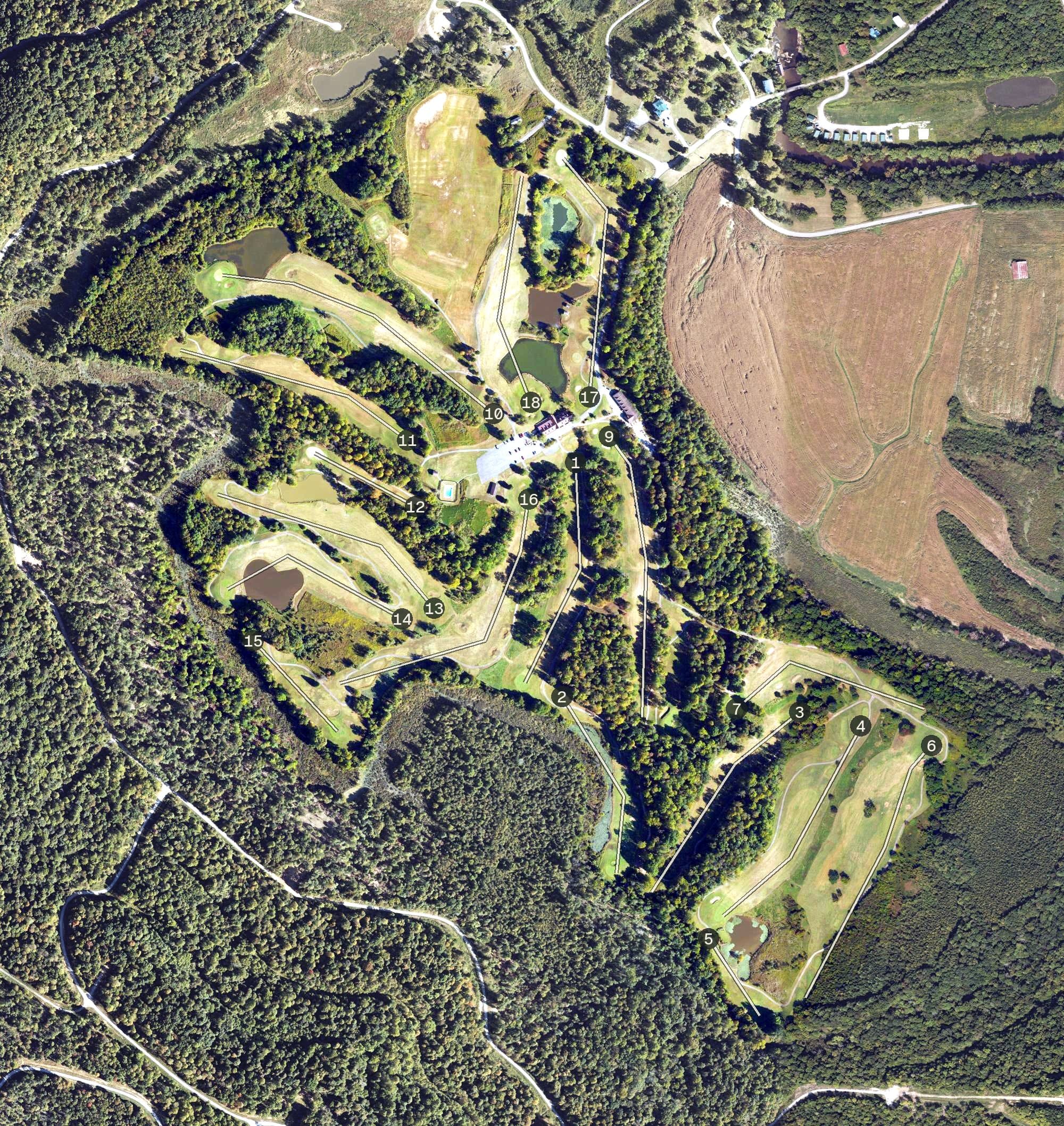 Aerial view of Lafayette Golf Course, KY, with its hole routing marked