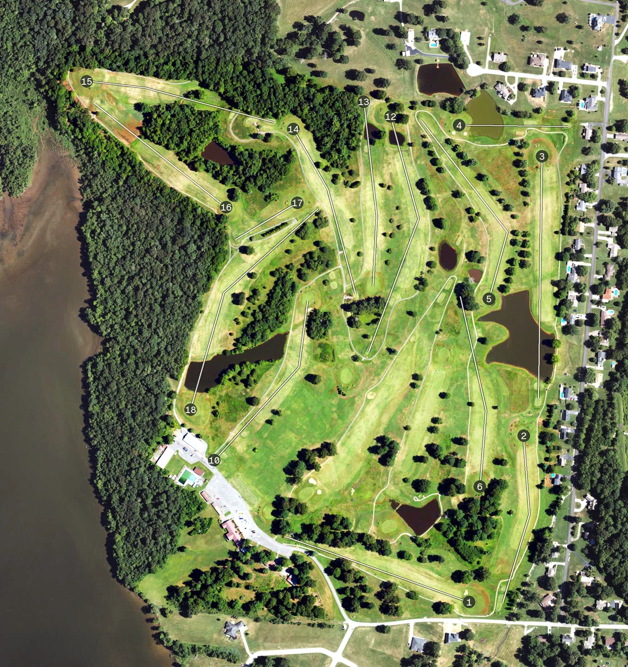 Aerial view of Lakeshore Country Club, KY, with its hole routing marked