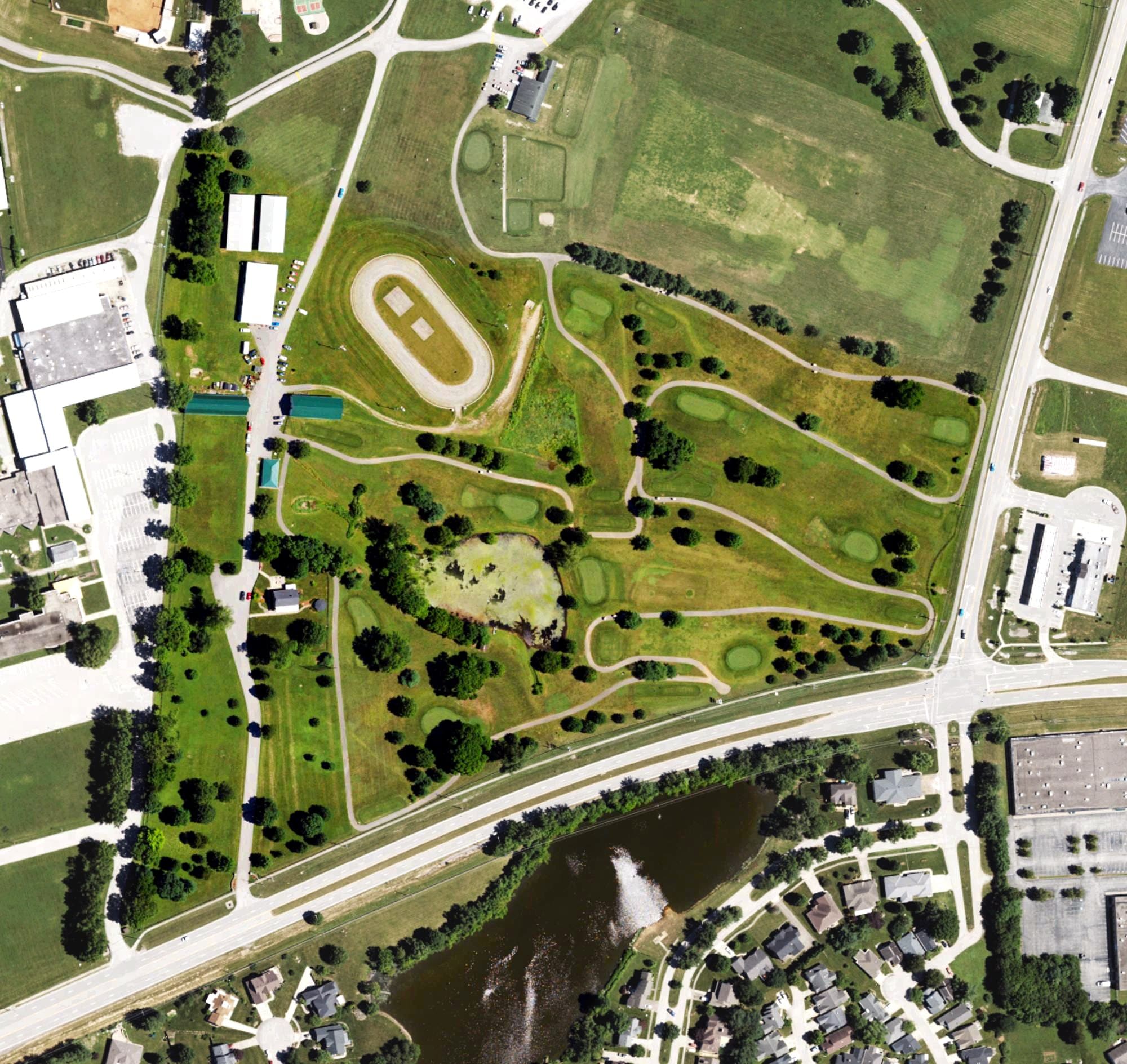 Aerial view of Lakeview Springs Golf, KY, with its hole routing marked