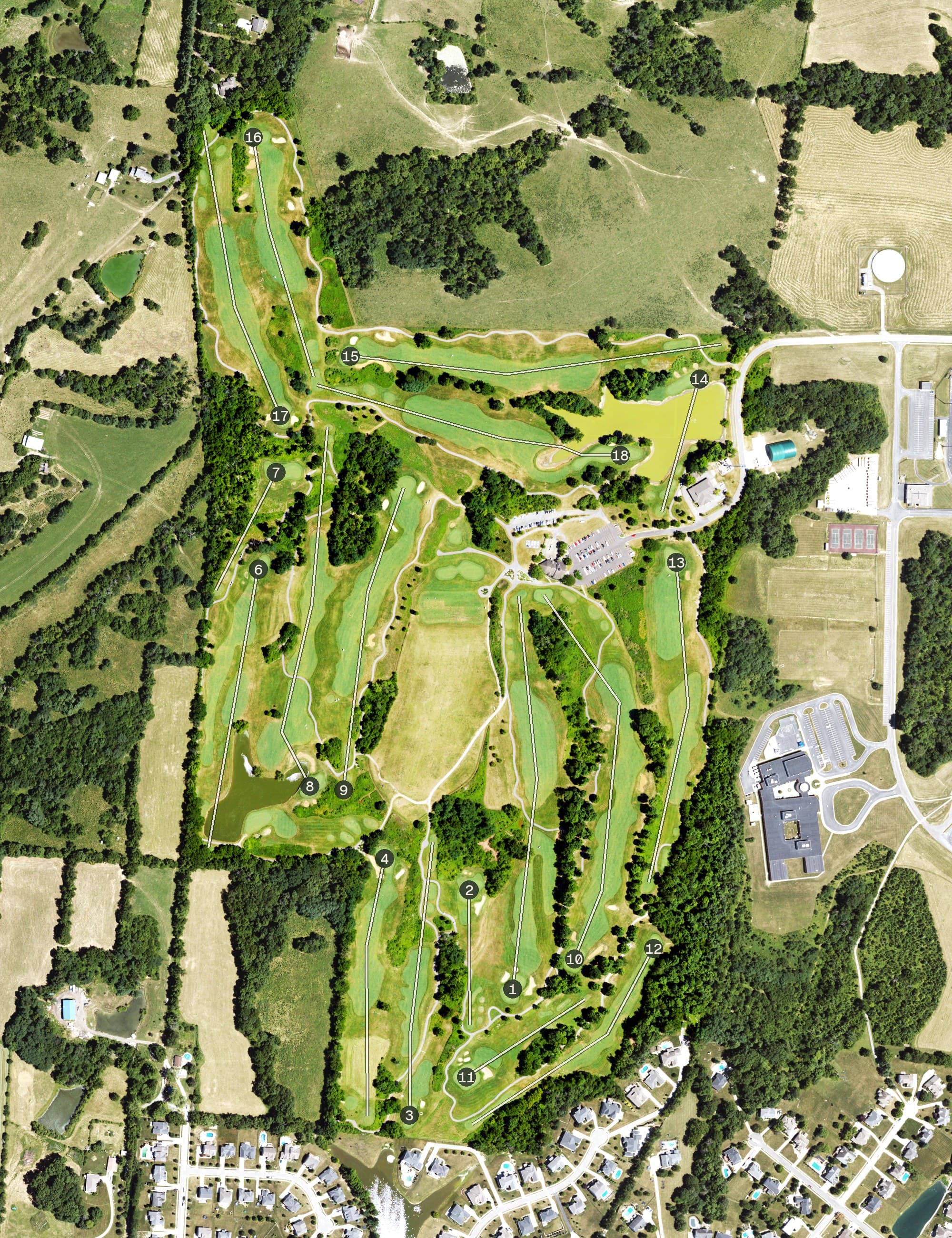 Aerial view of Lassing Pointe Golf Course, KY, with its hole routing marked