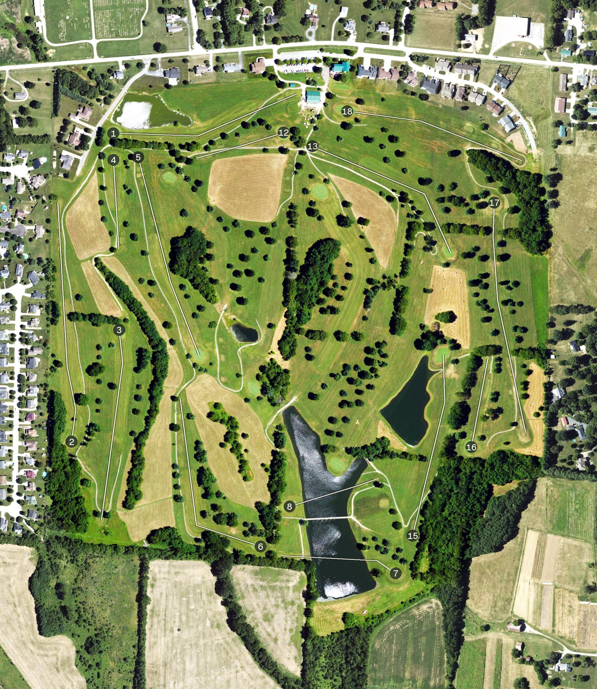 Aerial view of Laurel Oaks Golf Course, KY, with its hole routing marked
