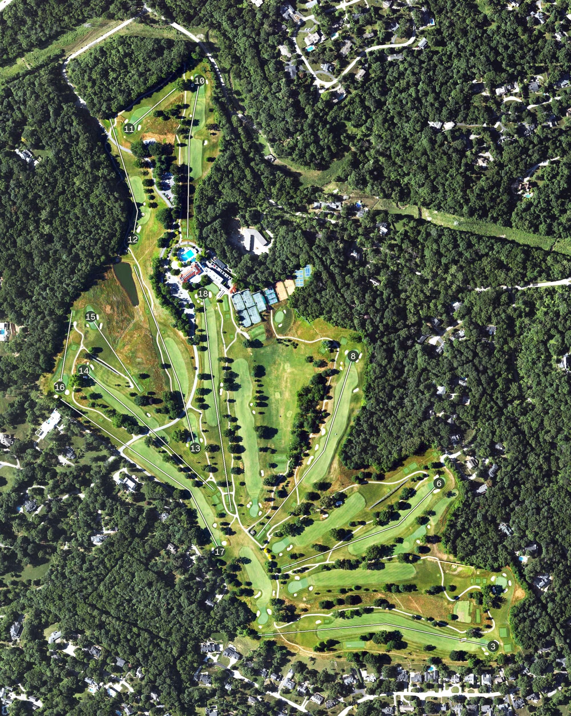 Aerial view of Louisville Country Club, KY, with its hole routing marked