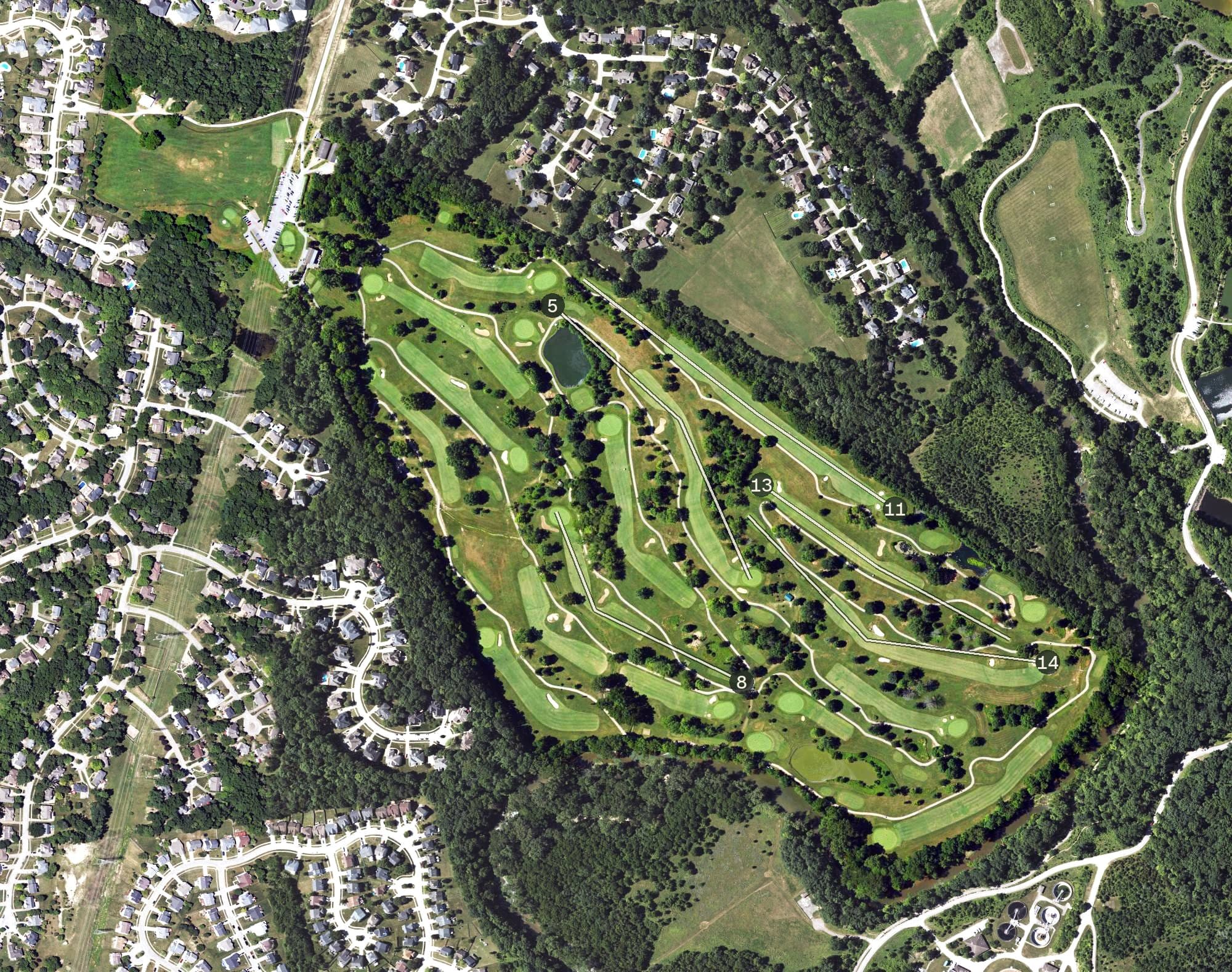 Aerial view of Midland Trail Golf Club, KY, with its hole routing marked
