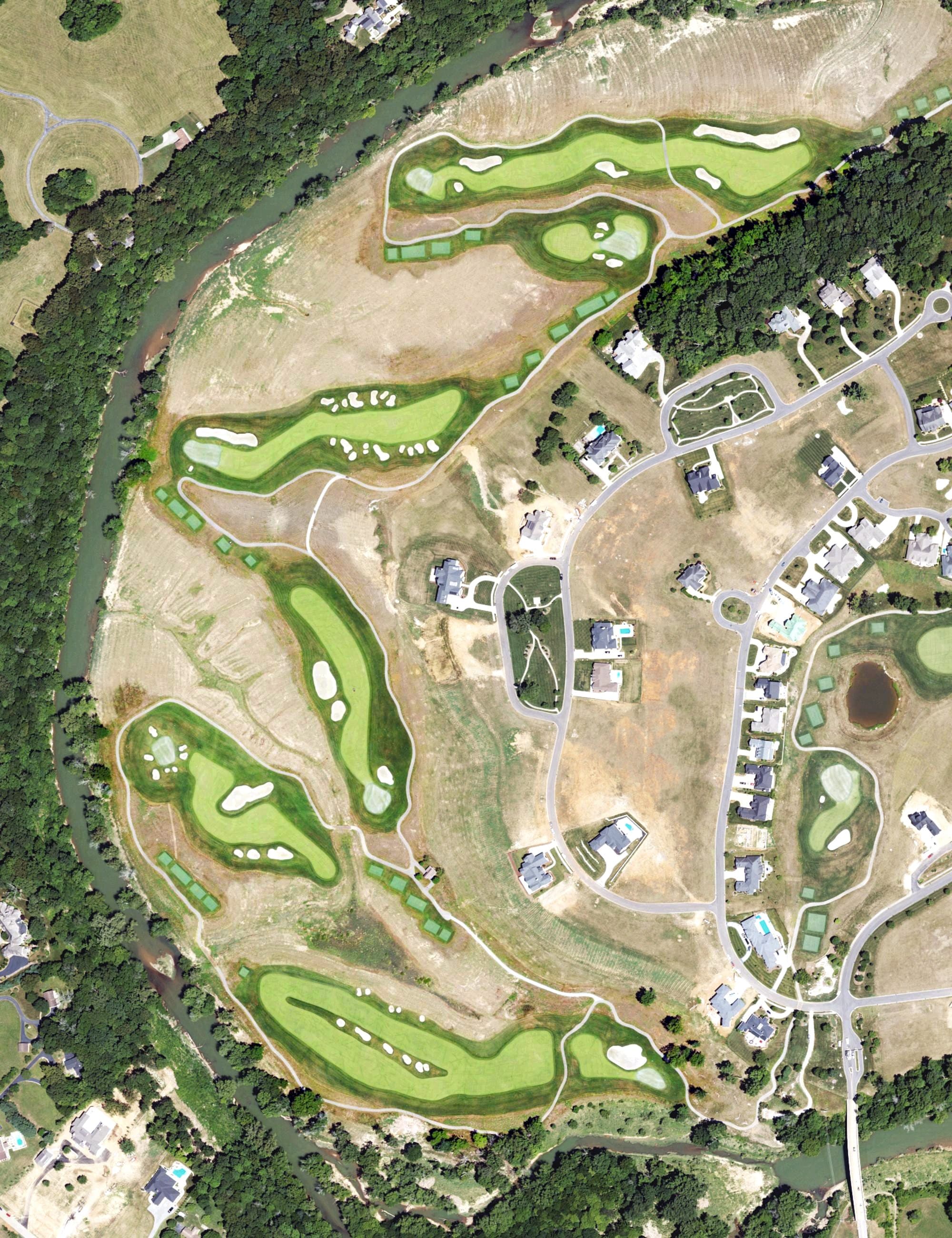 Aerial view of Olde Stone Golf Course, KY, with its hole routing marked