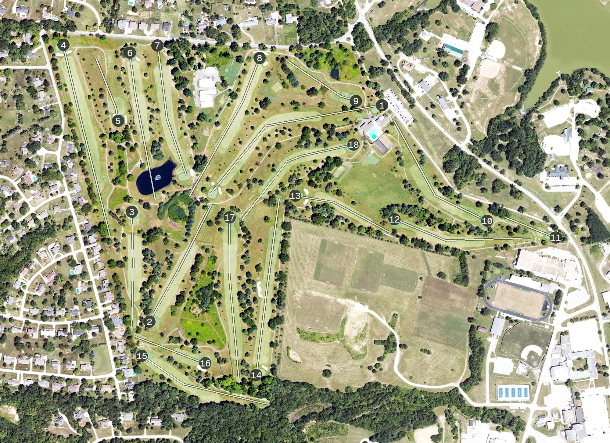 Aerial view of Oldham County Country Club, KY, with its hole routing marked