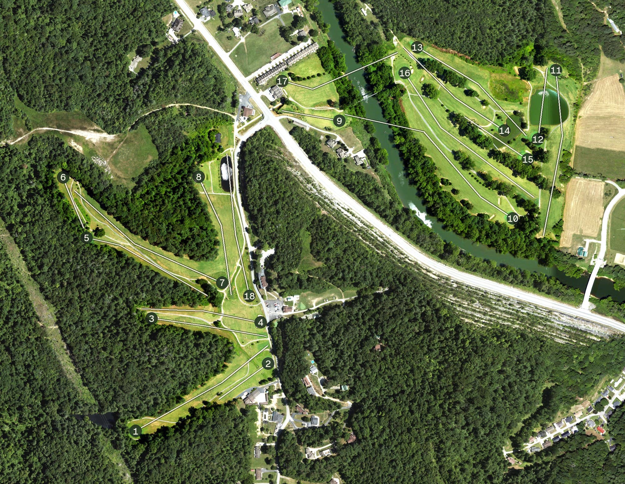 Aerial view of Paintsville Golf Course, KY, with its hole routing marked