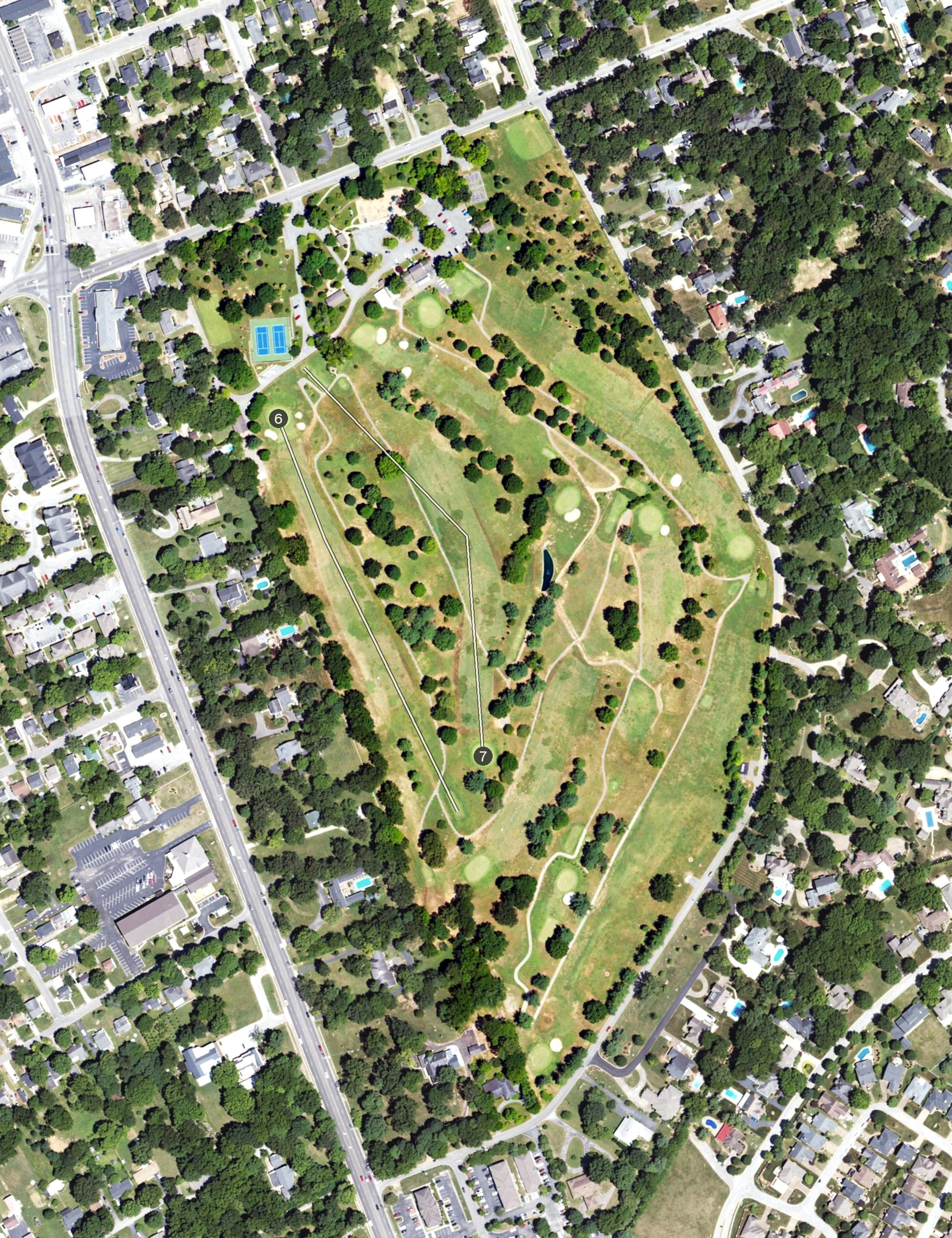 Aerial view of Paul Walker Municipal Golf Course, KY, with its hole routing marked