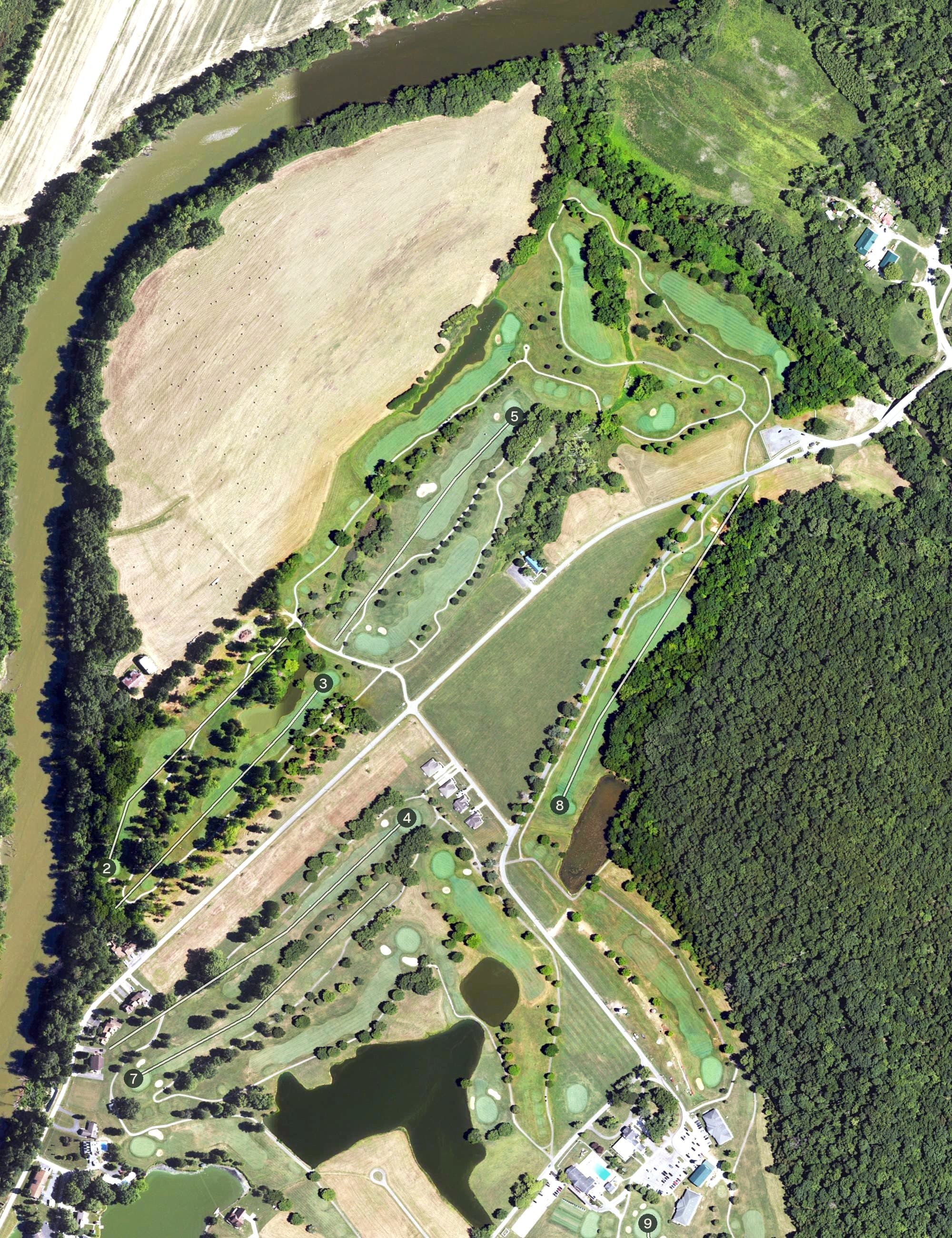 Aerial view of Perry Park Golf Resort - Buckskin, KY, with its hole routing marked