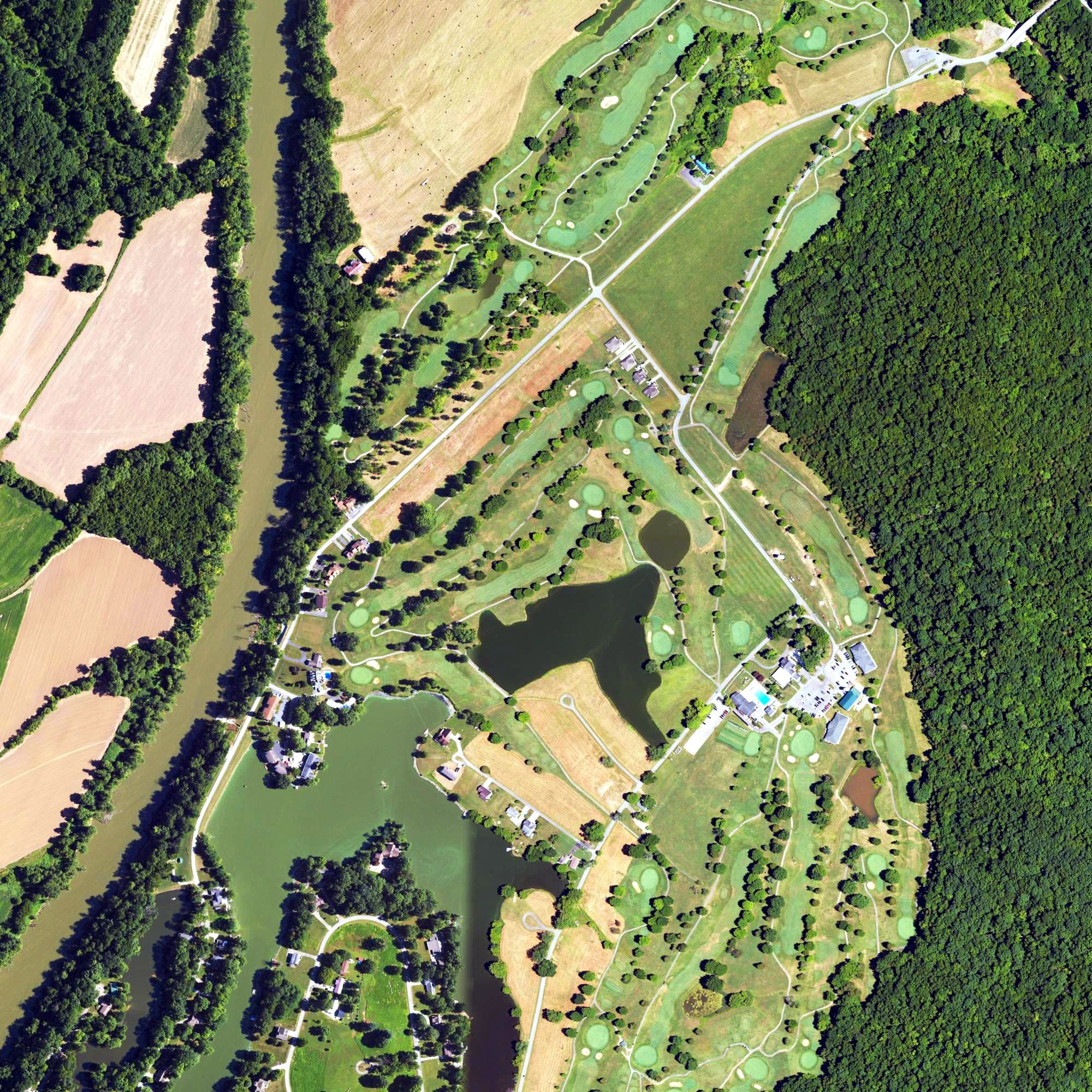 Aerial view of Perry Park Golf Resort - Whitetail, KY, with its hole routing marked