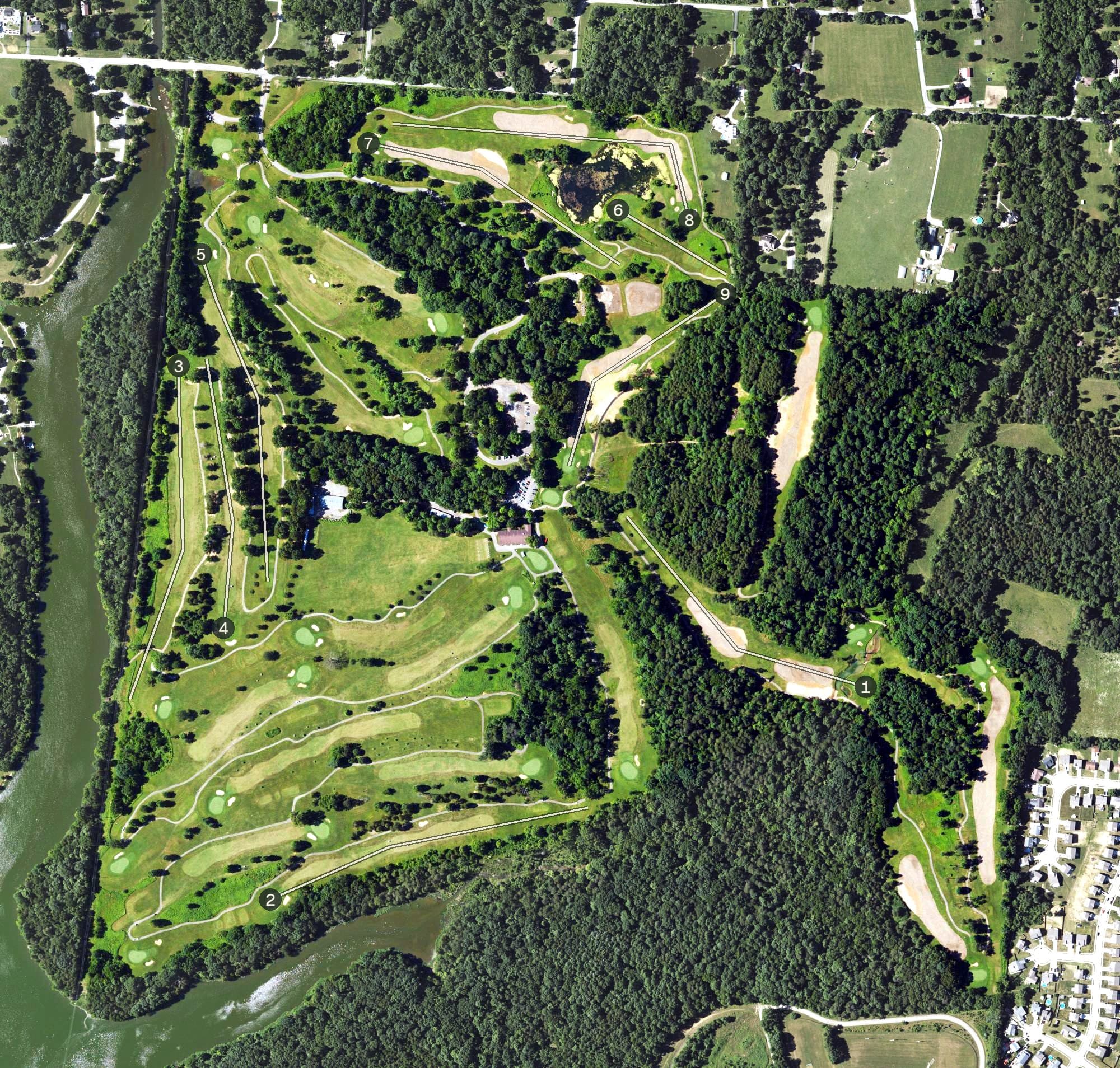 Aerial view of Quail Chase Golf Course, KY, with its hole routing marked