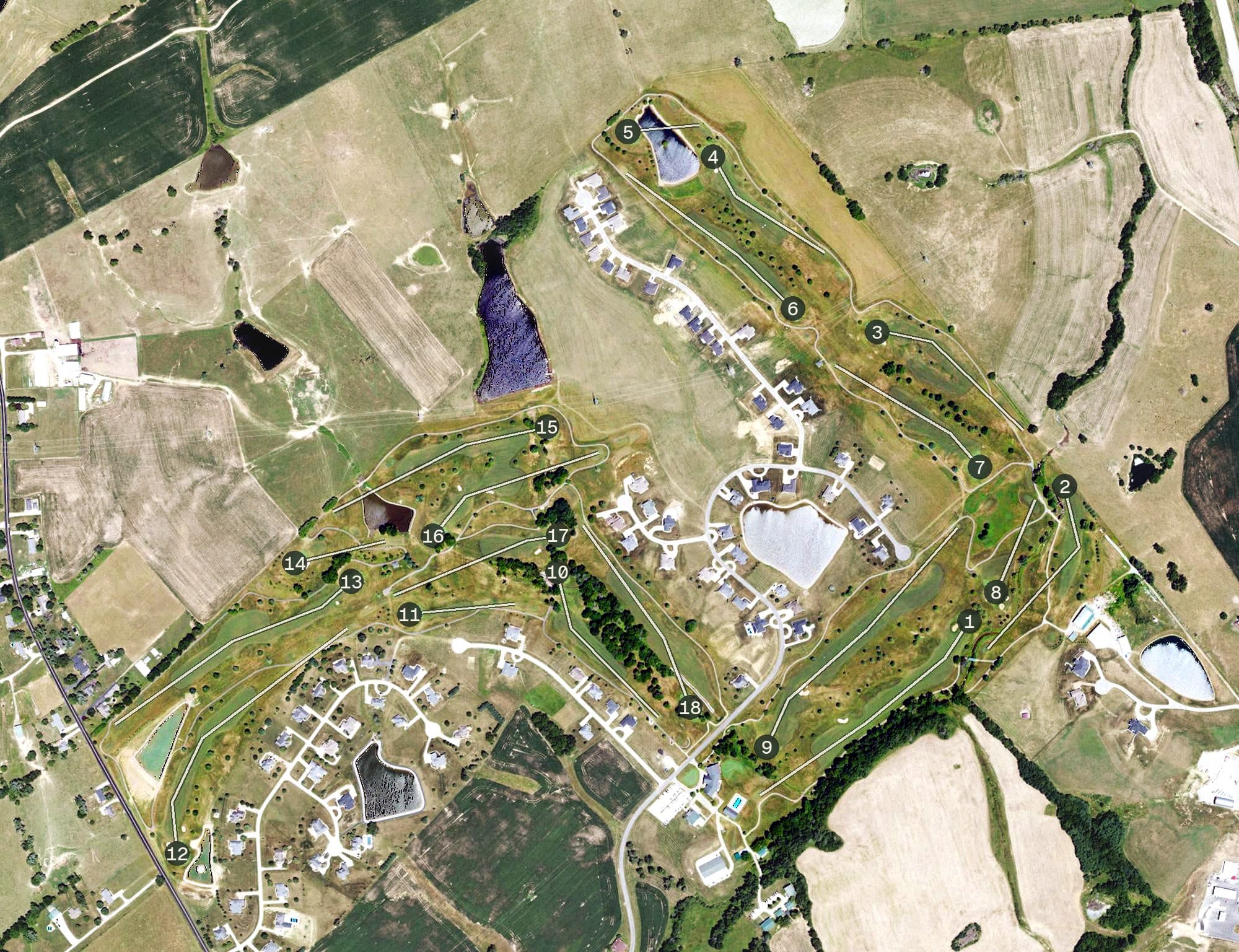 Aerial view of Rosewood Golf & Country Club, KY, with its hole routing marked