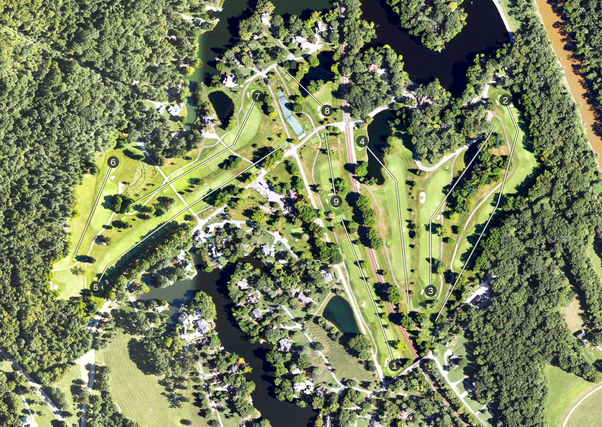 Aerial view of Ryland Lakes Golf Course, KY, with its hole routing marked
