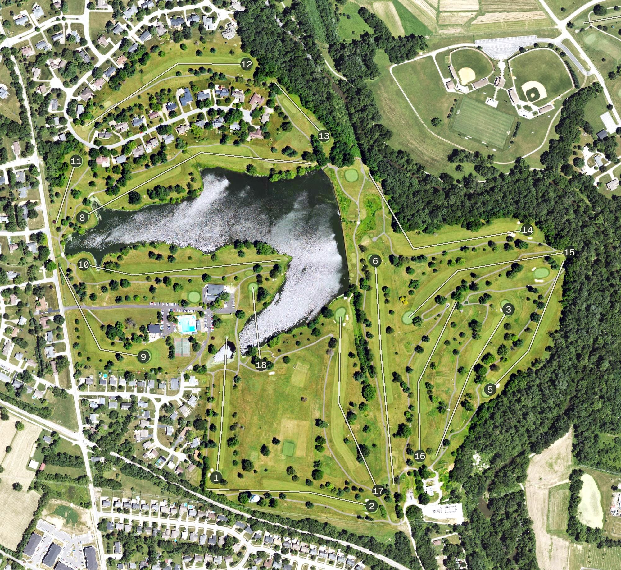 Aerial view of Shelbyville Country Club, KY, with its hole routing marked