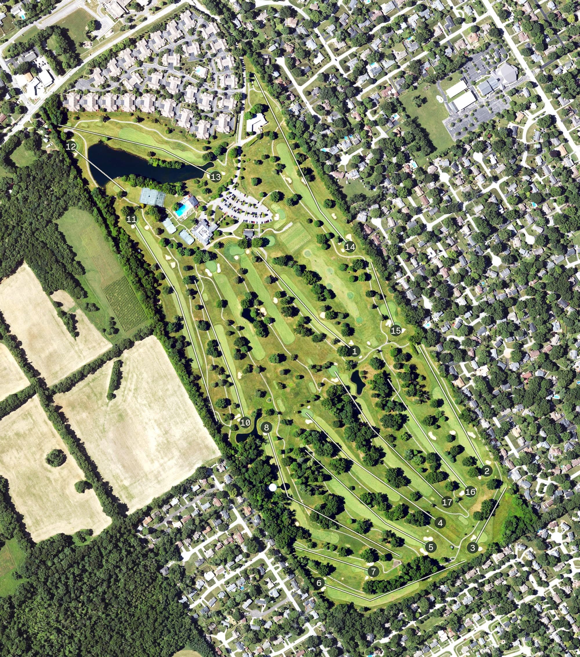 Aerial view of Standard Country Club, KY, with its hole routing marked