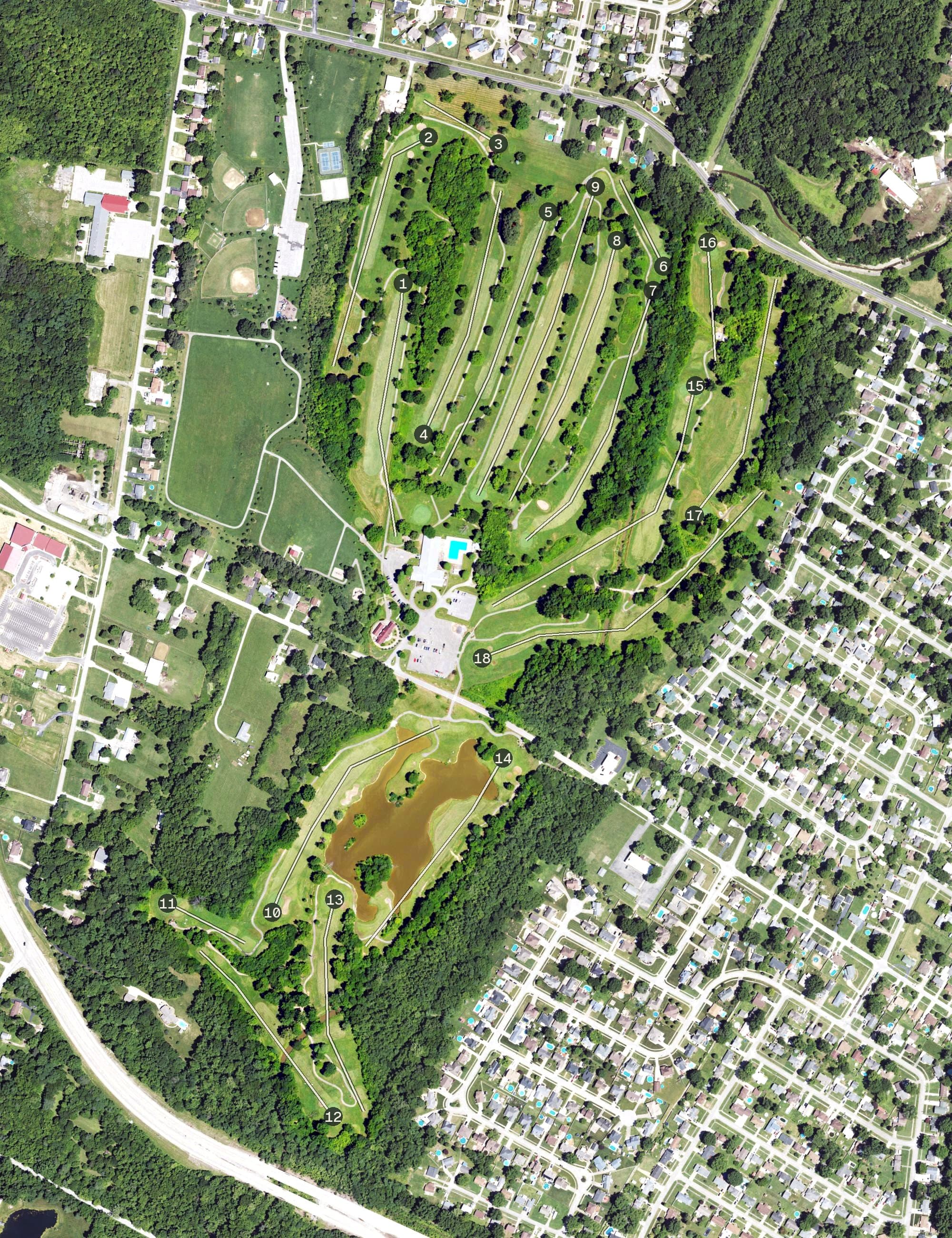 Aerial view of Sun Valley Golf Course, KY, with its hole routing marked