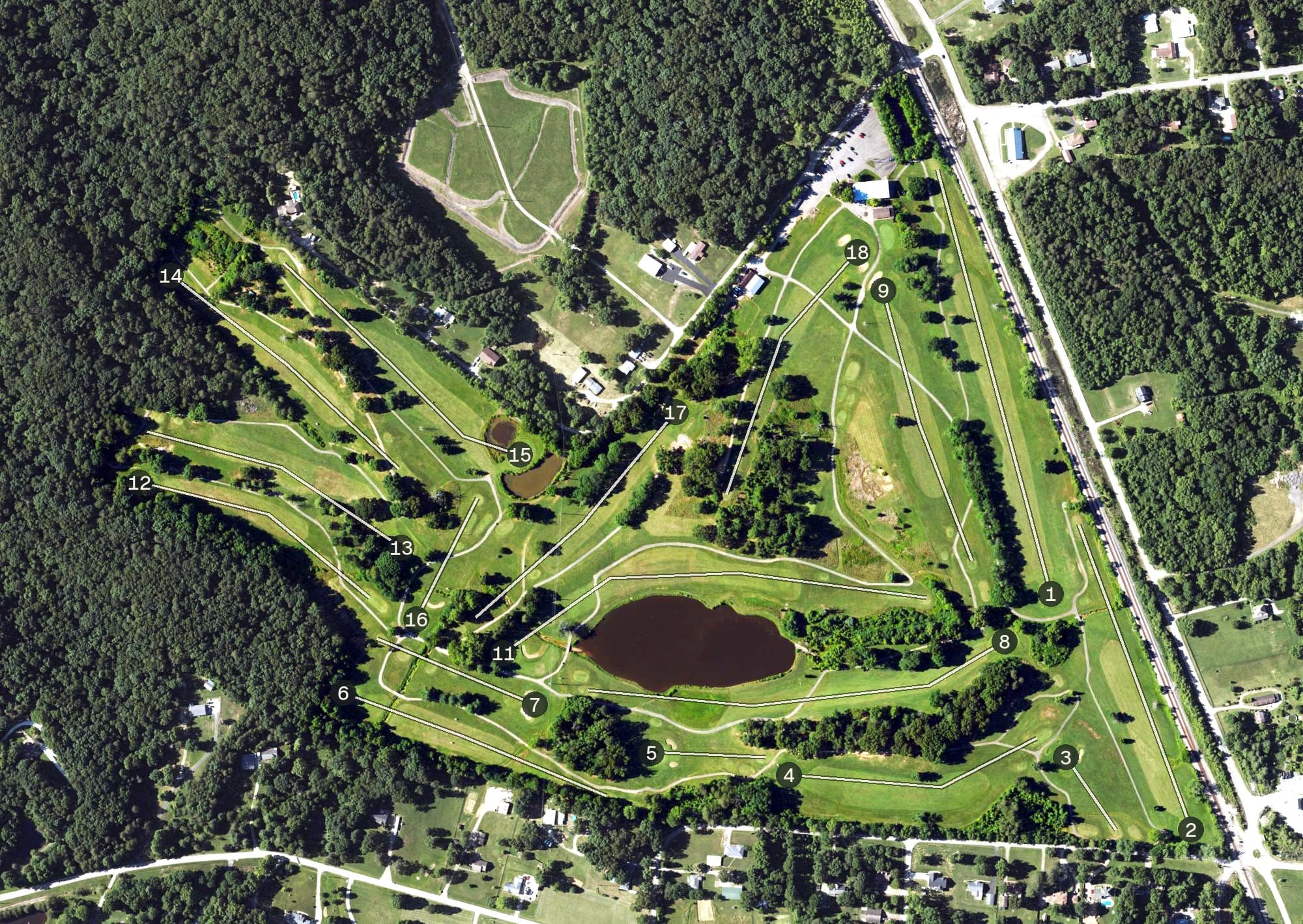Aerial view of The Crossings Golf Course, KY, with its hole routing marked