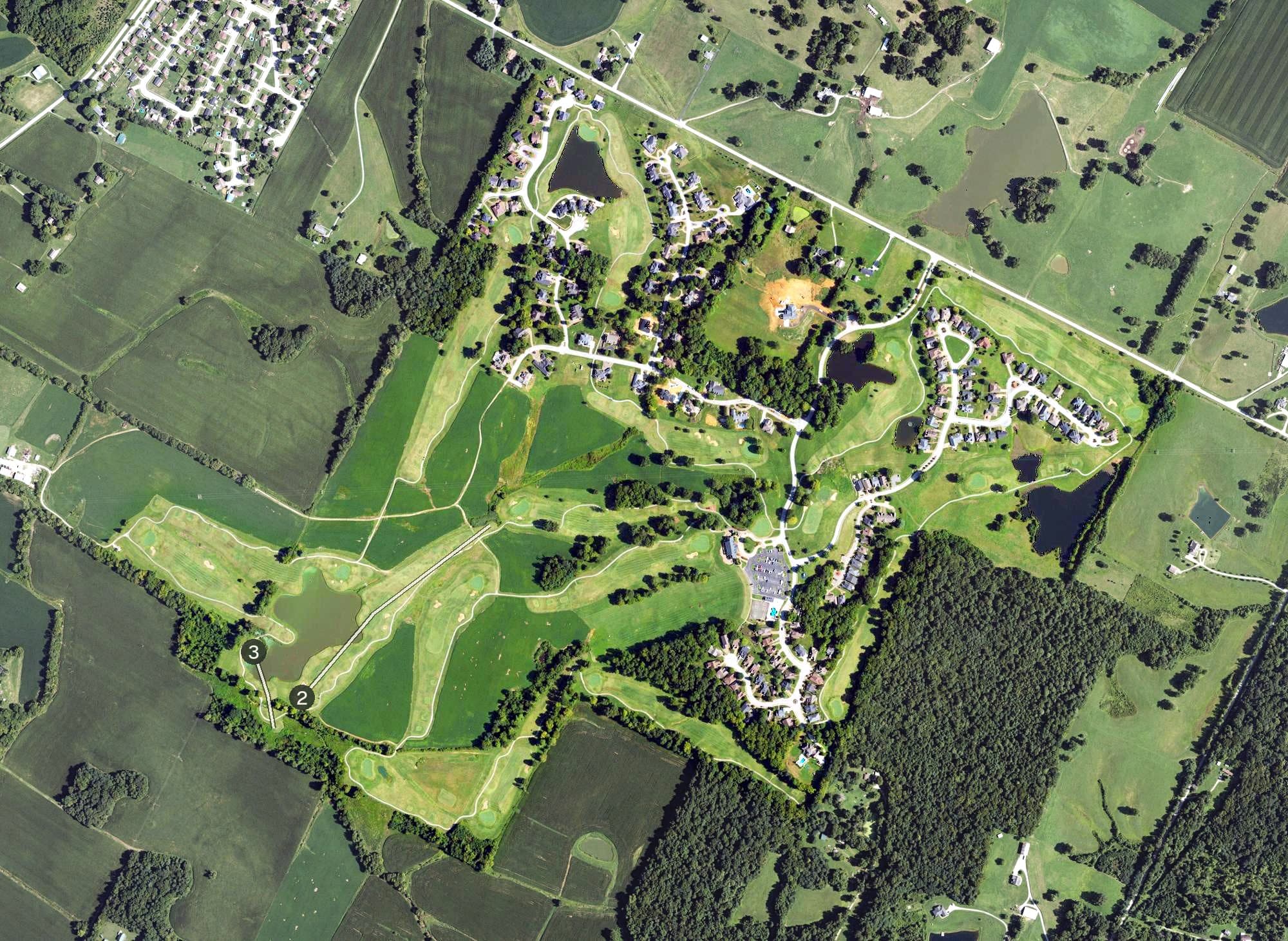 Aerial view of The Pearl Club, KY, with its hole routing marked