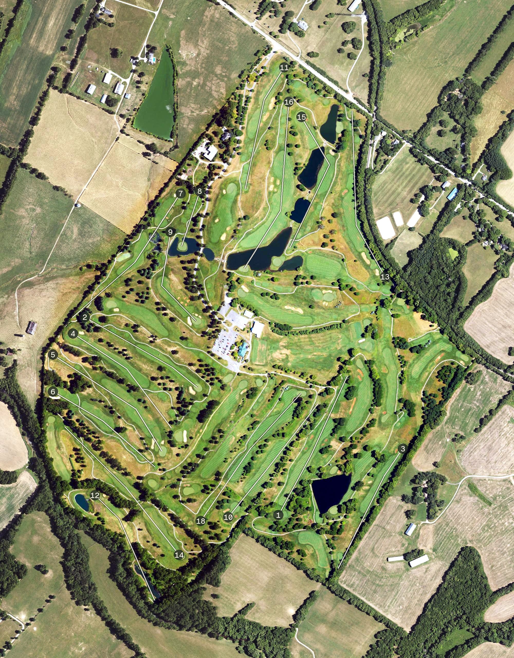 Aerial view of University Club of Kentucky, KY, with its hole routing marked