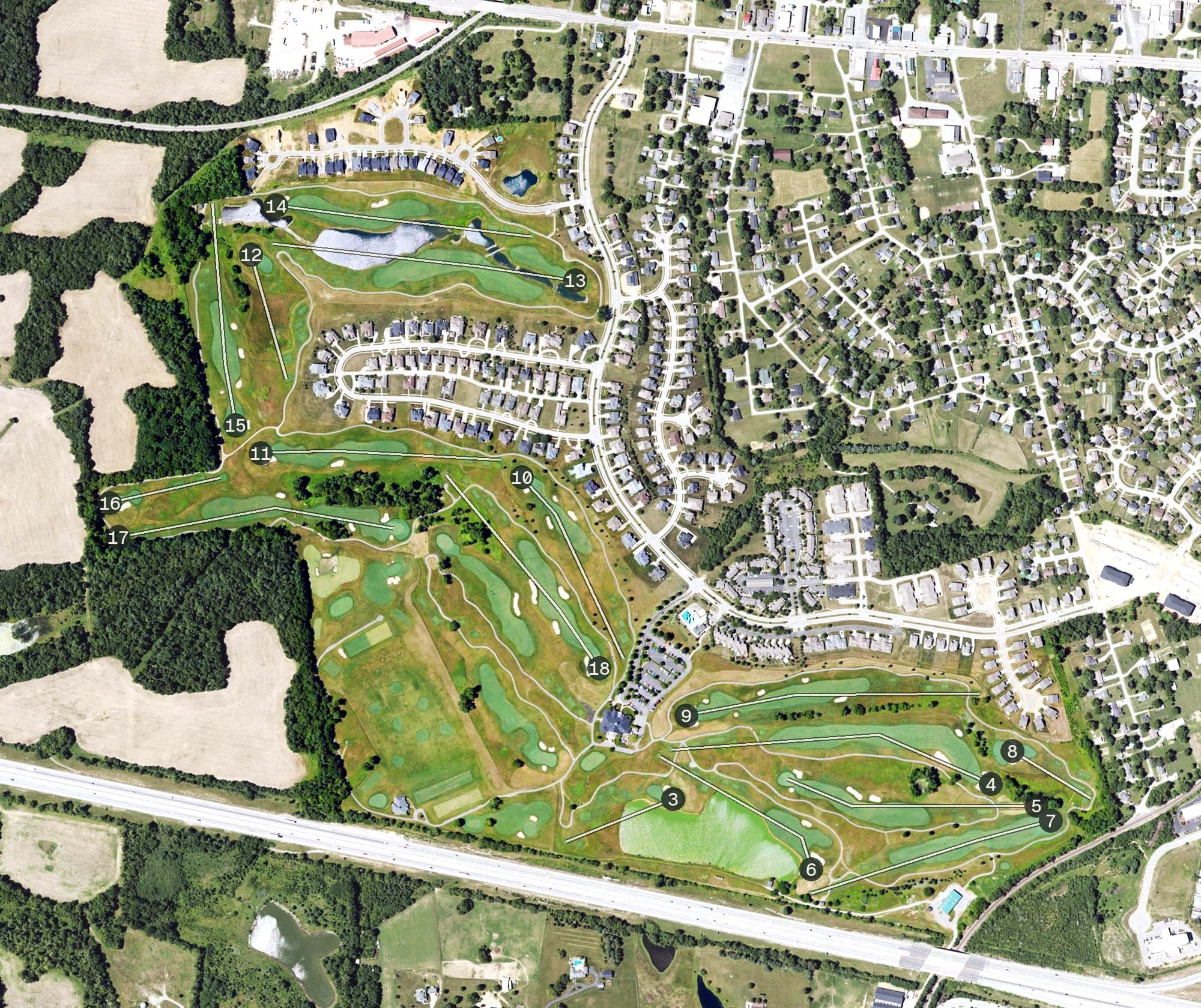 Aerial view of University of Louisville Golf Club, KY, with its hole routing marked