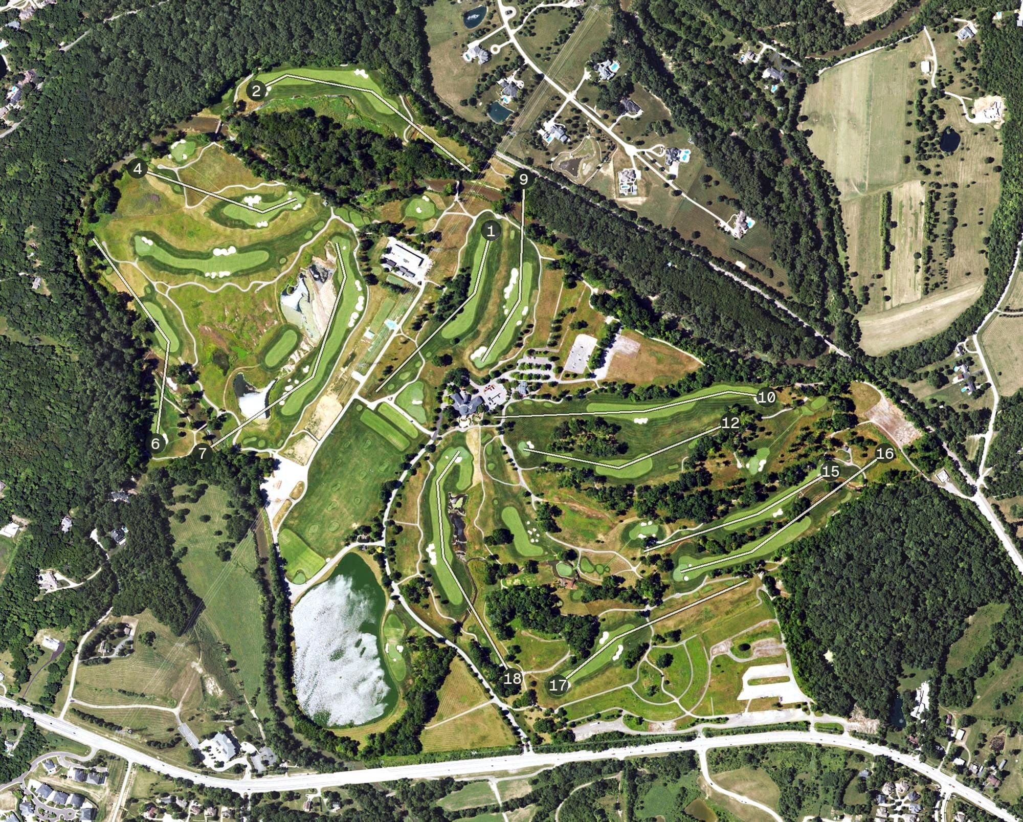 Aerial view of Valhalla Golf Club, KY, with its hole routing marked