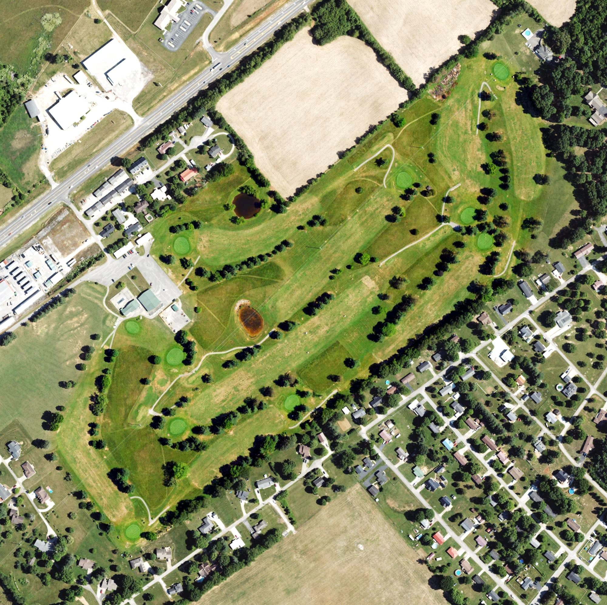 Aerial view of Wayne county country club, KY, with its hole routing marked