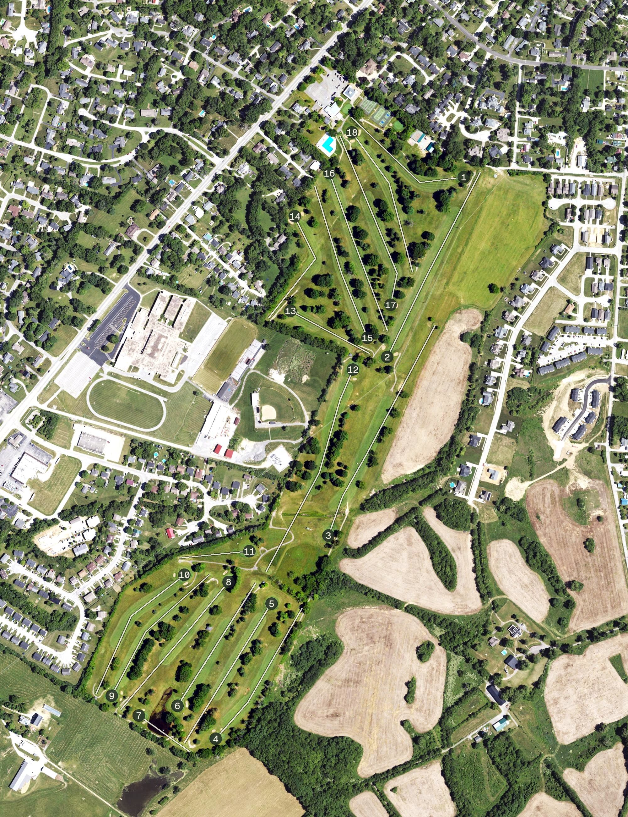 Aerial view of Winchester Country Club, KY, with its hole routing marked