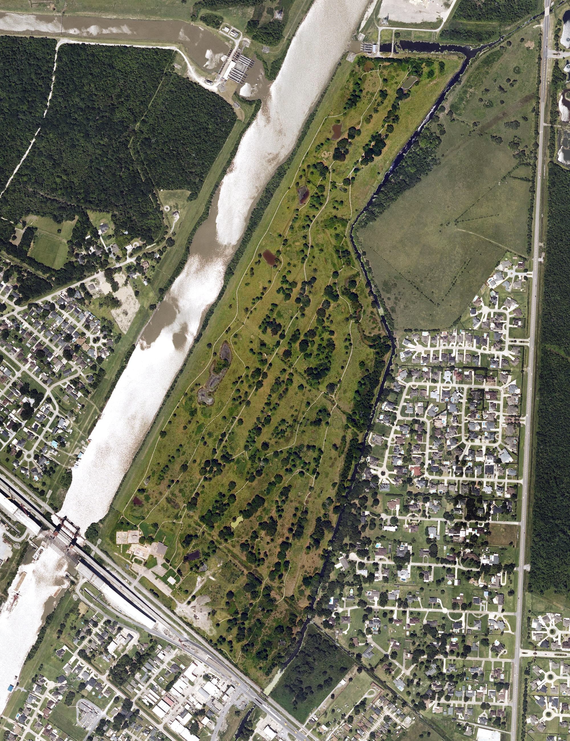 Aerial view of Bayou Barriere Golf Course, LA, with its hole routing marked
