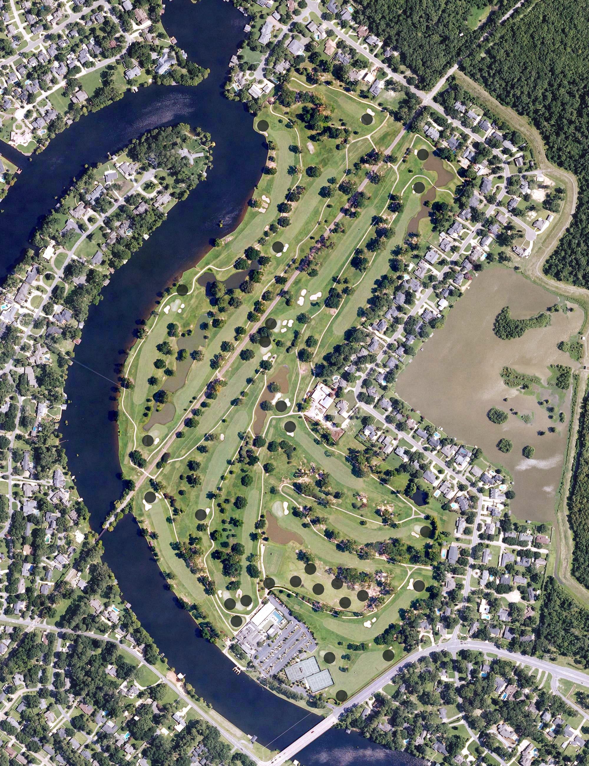 Aerial view of Bayou Desiard Country Club, LA, with its hole routing marked
