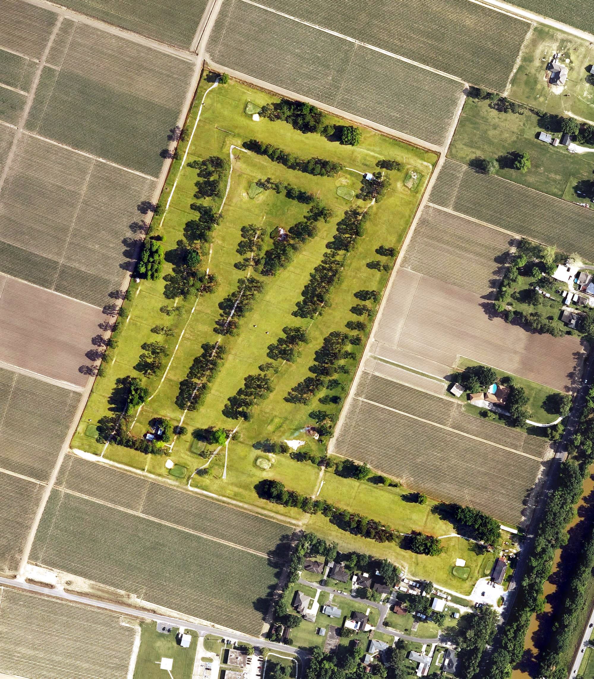 Aerial view of Bayou Side Golf Course, LA, with its hole routing marked