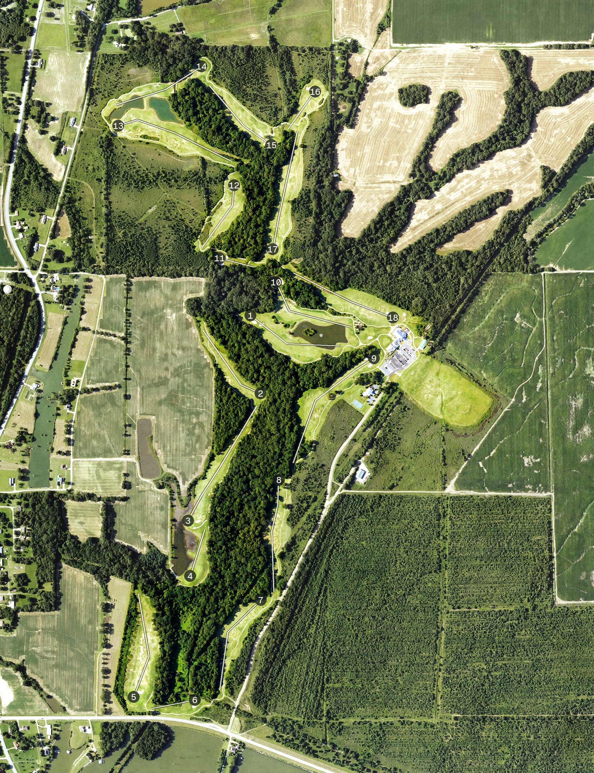 Aerial view of Black Bear Golf Club, LA, with its hole routing marked