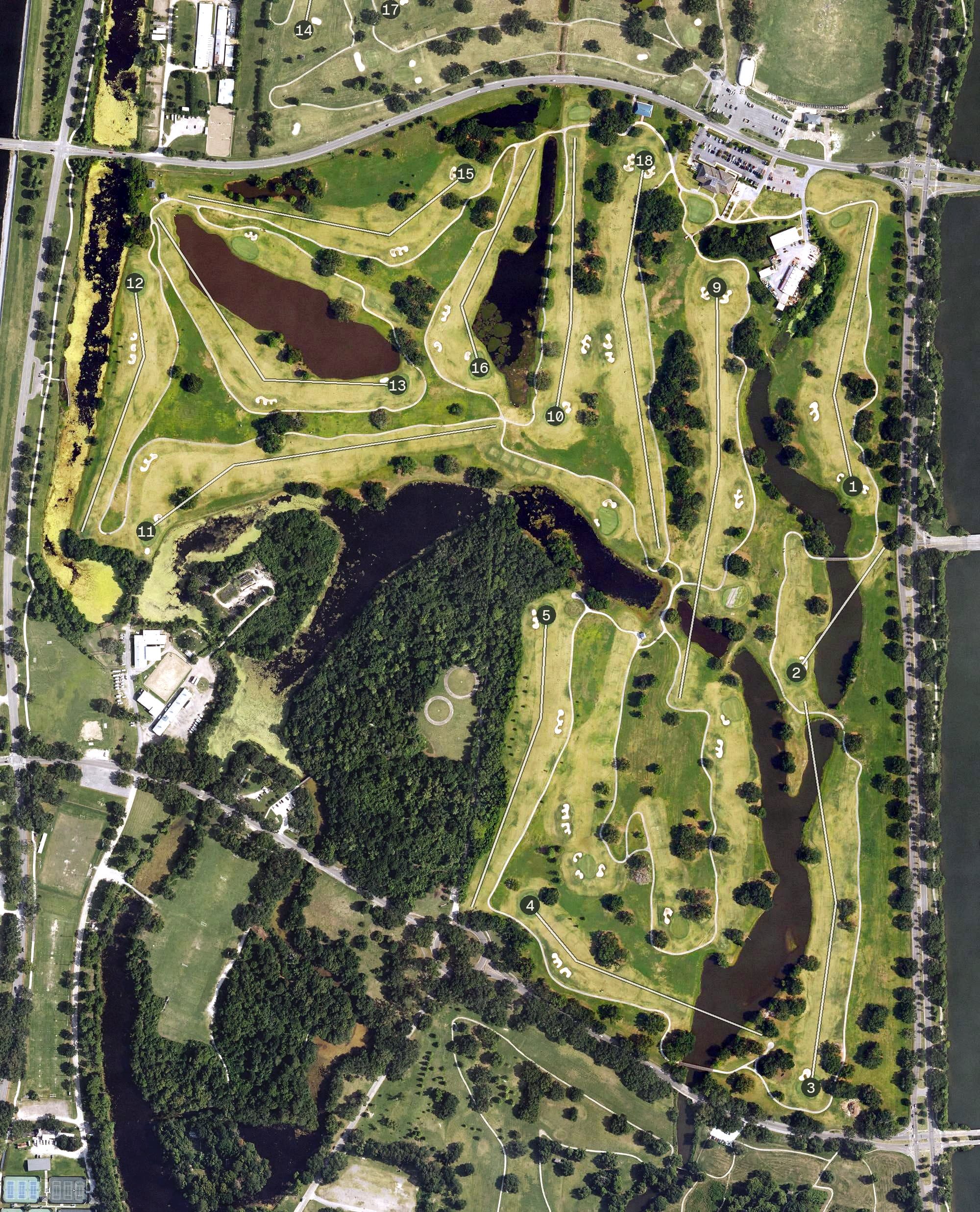 Aerial view of City Park Golf Course, LA, with its hole routing marked