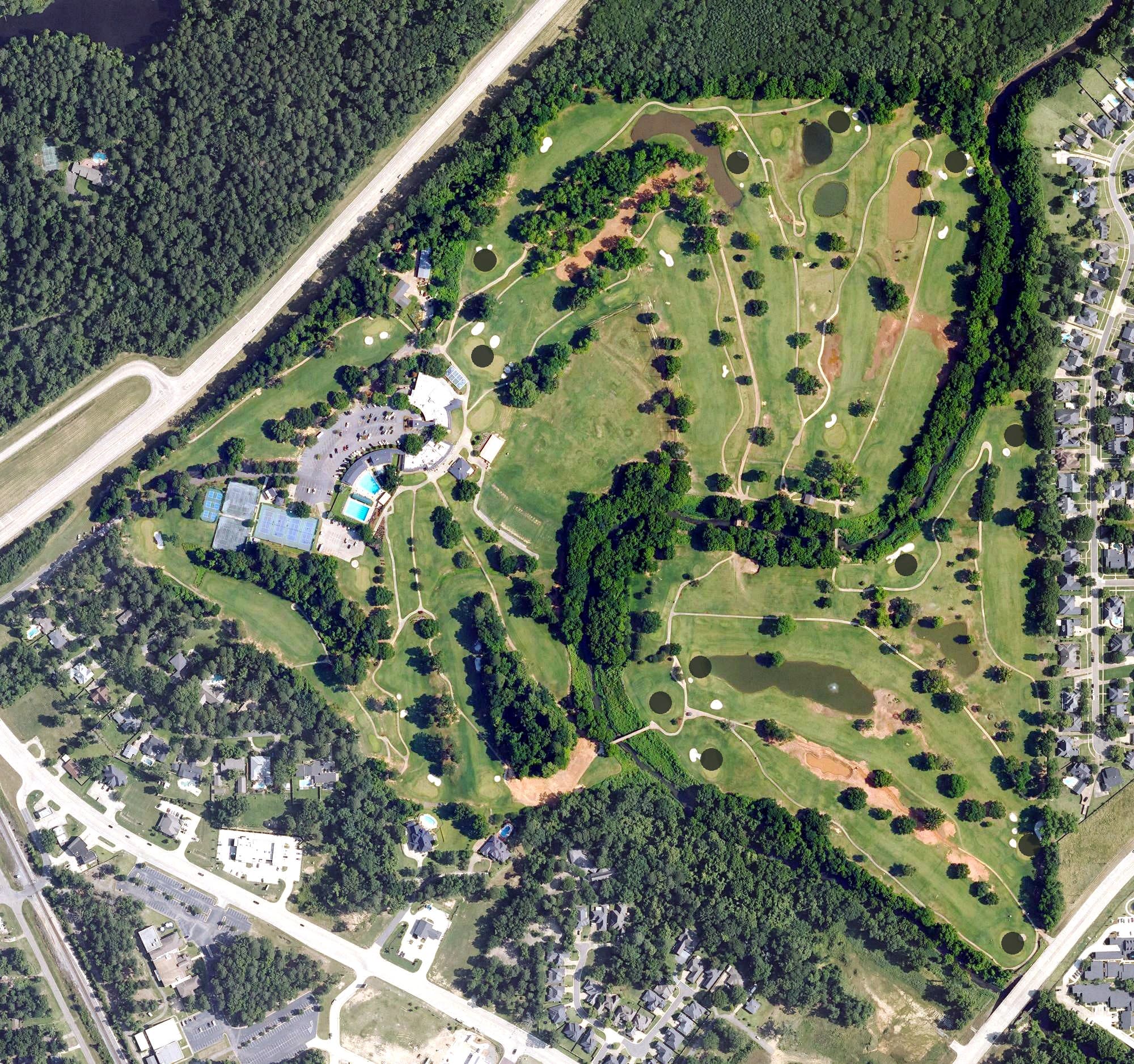 Aerial view of East Ridge Country Club, LA, with its hole routing marked
