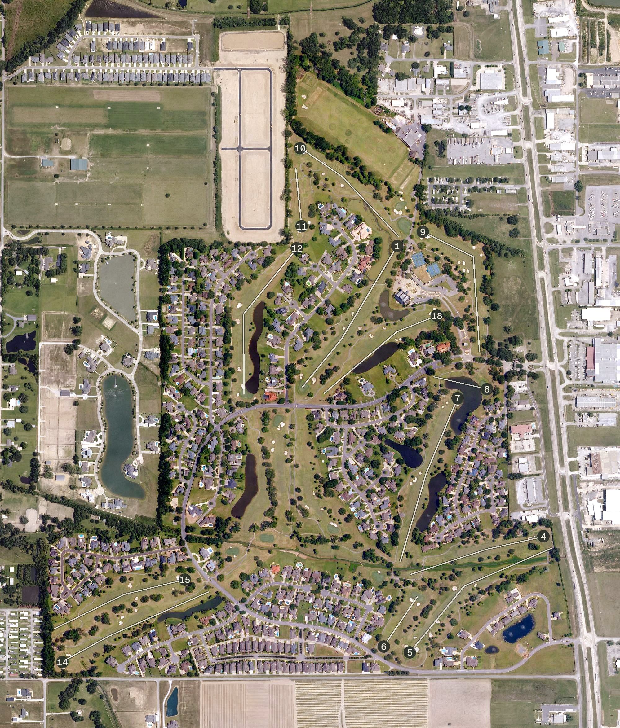 Aerial view of Le Triomphe Golf & Country Club, LA, with its hole routing marked