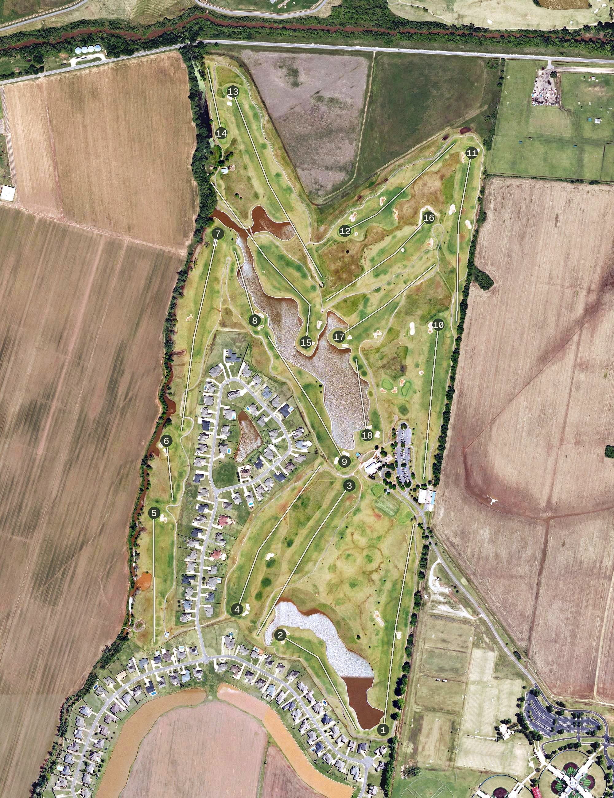 Aerial view of Links on the Bayou, LA, with its hole routing marked