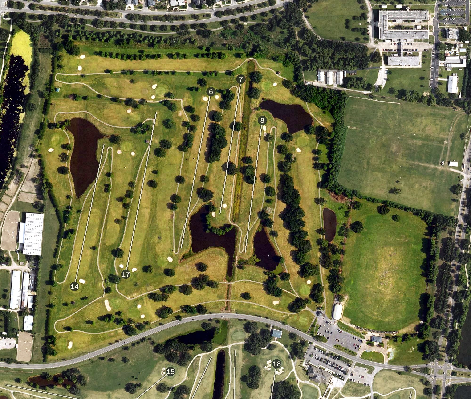 Aerial view of New Orleans City Park North Course, LA, with its hole routing marked