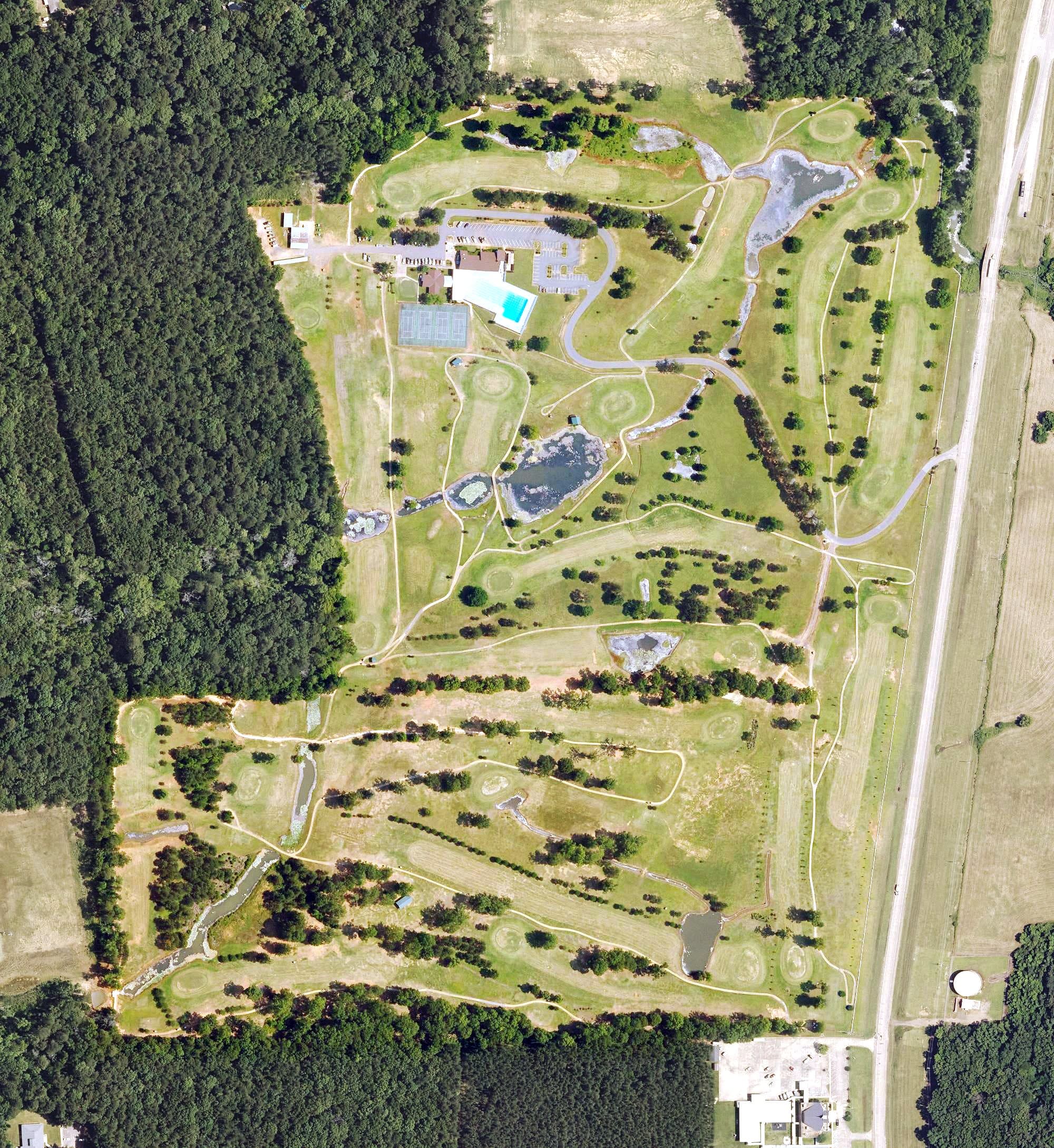 Aerial view of Northwestern Hills Golf Course, LA, with its hole routing marked