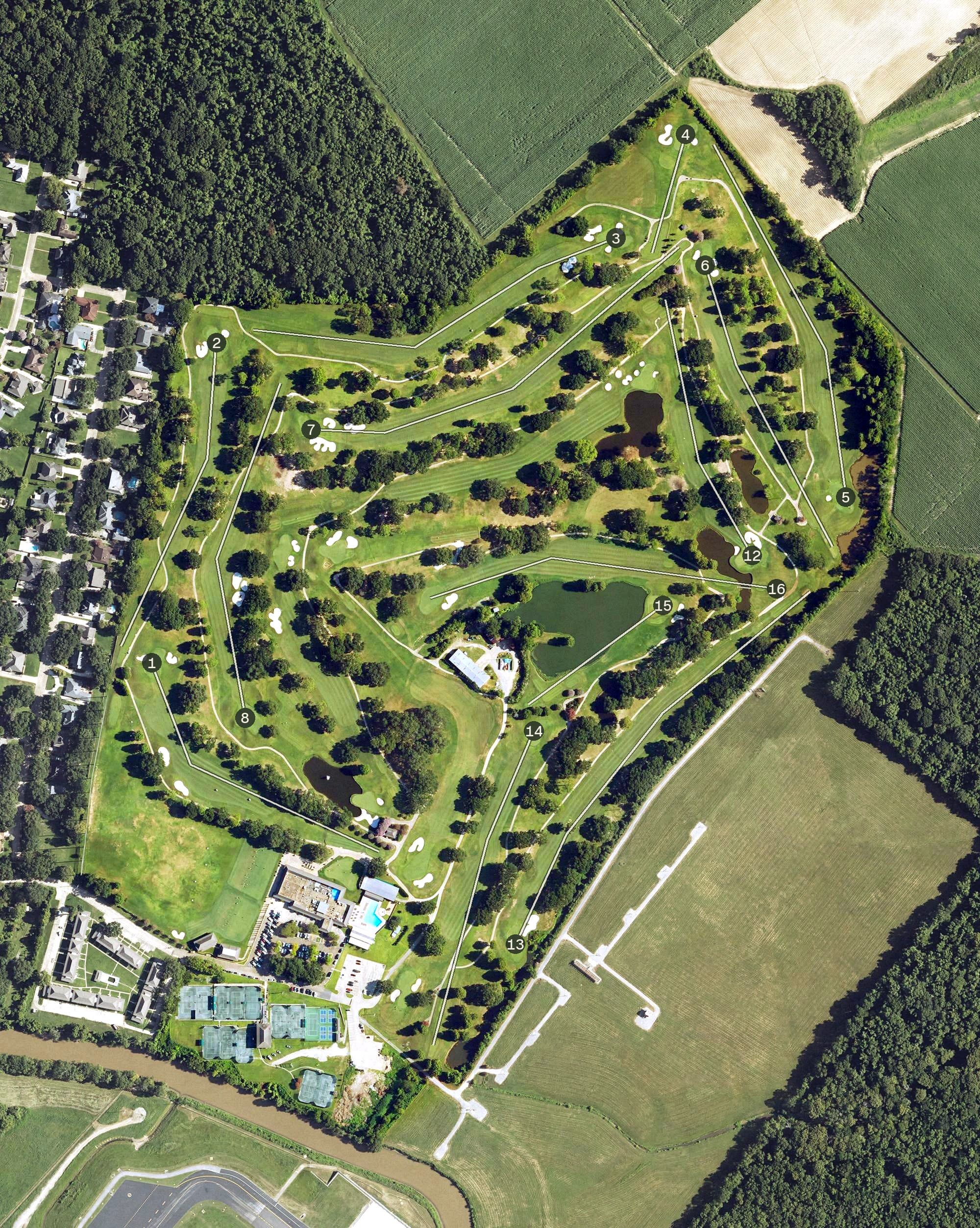 Aerial view of Oakbourne Country Club, LA, with its hole routing marked