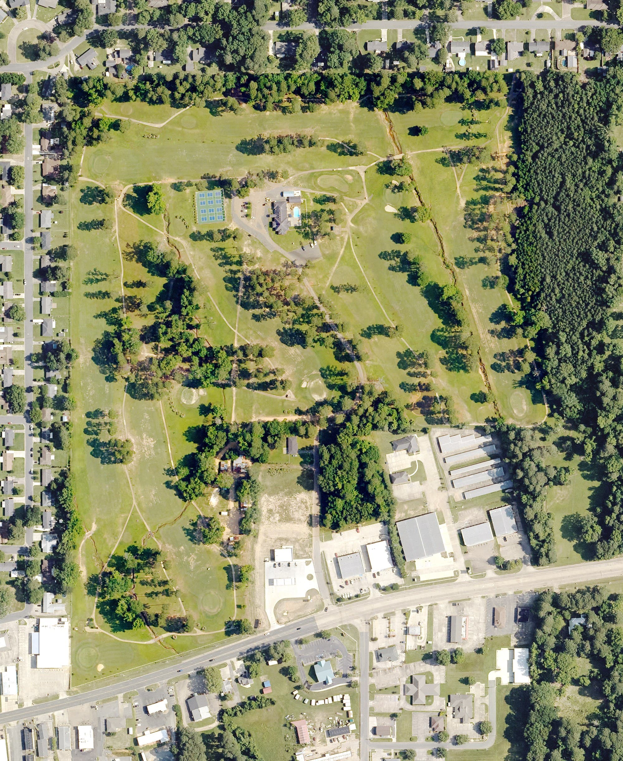 Aerial view of Pine Hills Gold Course, LA, with its hole routing marked