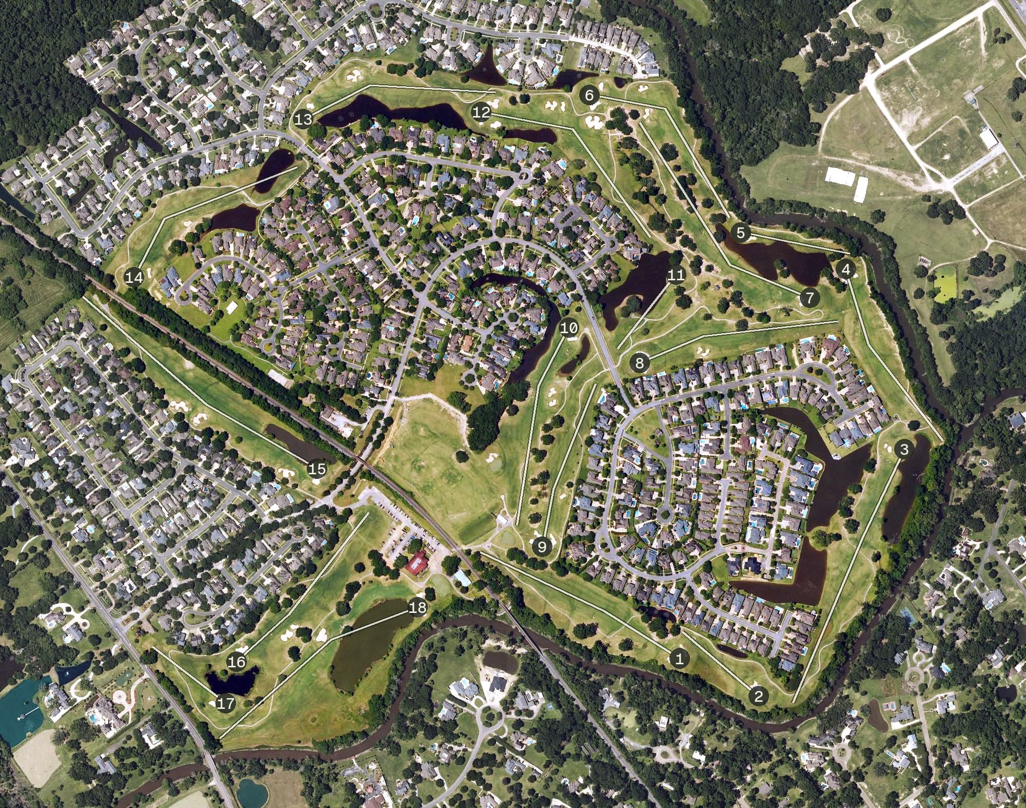 Aerial view of Santa Maria Golf Course, LA, with its hole routing marked
