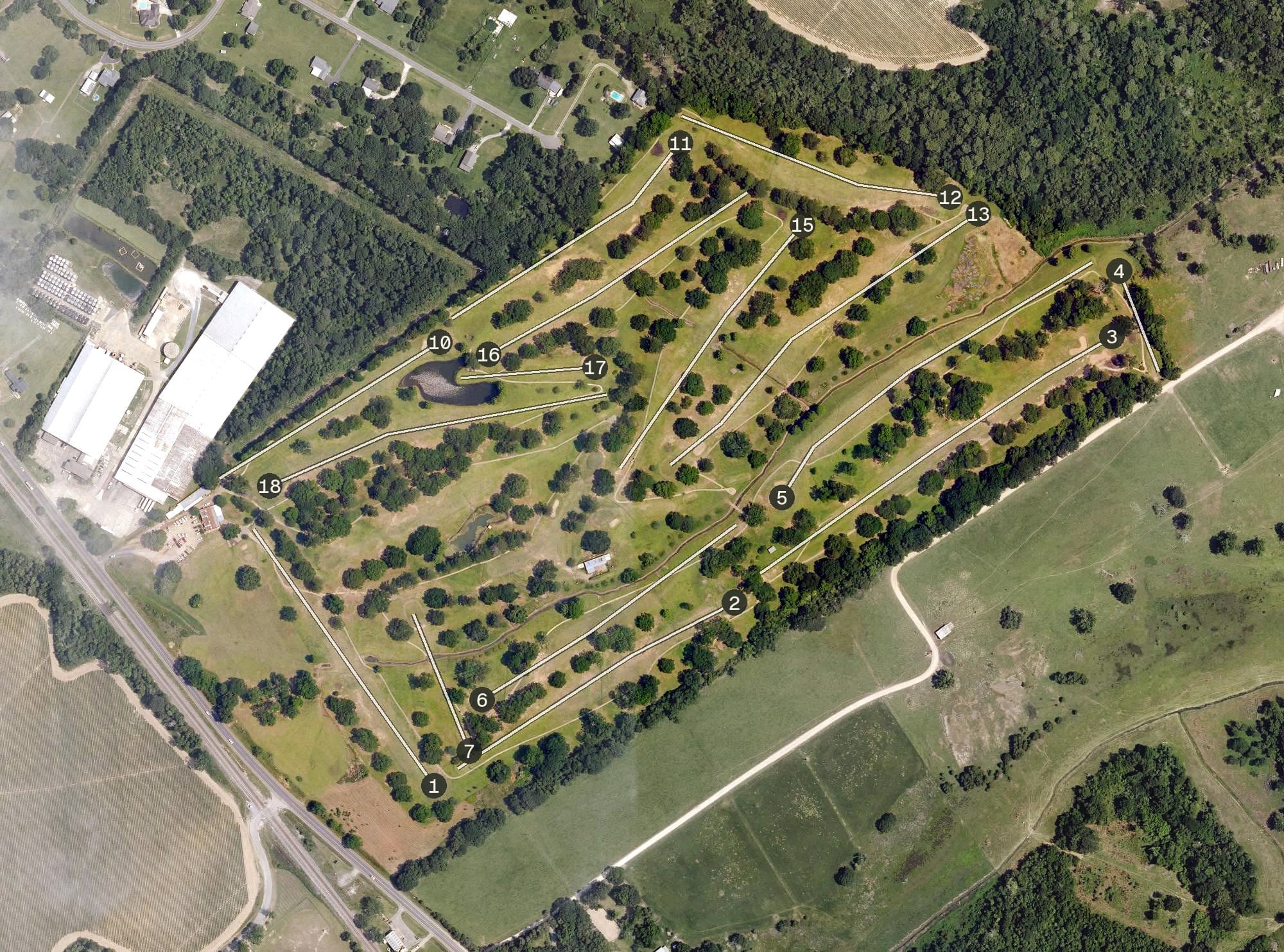 Aerial view of Spanish Trail Golf Course, LA, with its hole routing marked